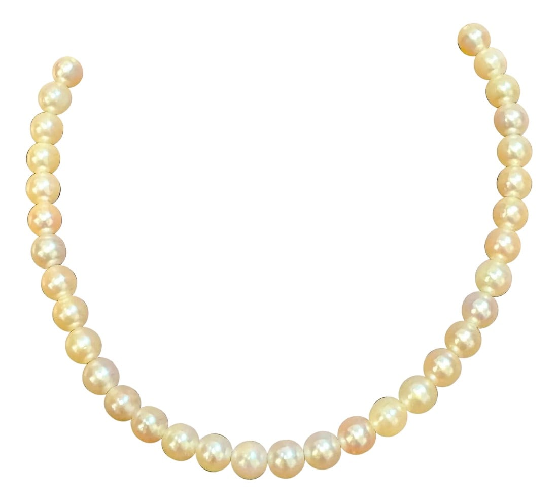 Vintage Cultured Akoya Pearl Necklace Length 14" , 18 Karat Yellow Gold Clasp: Vintage Cultured Akoya Pearl Necklace Length smaller then normal necklaces is 14" , 18 Karat Yellow Gold Clasp Nice Akoya cultured pearls are used This strand is strung securely on a hand-knotted silk