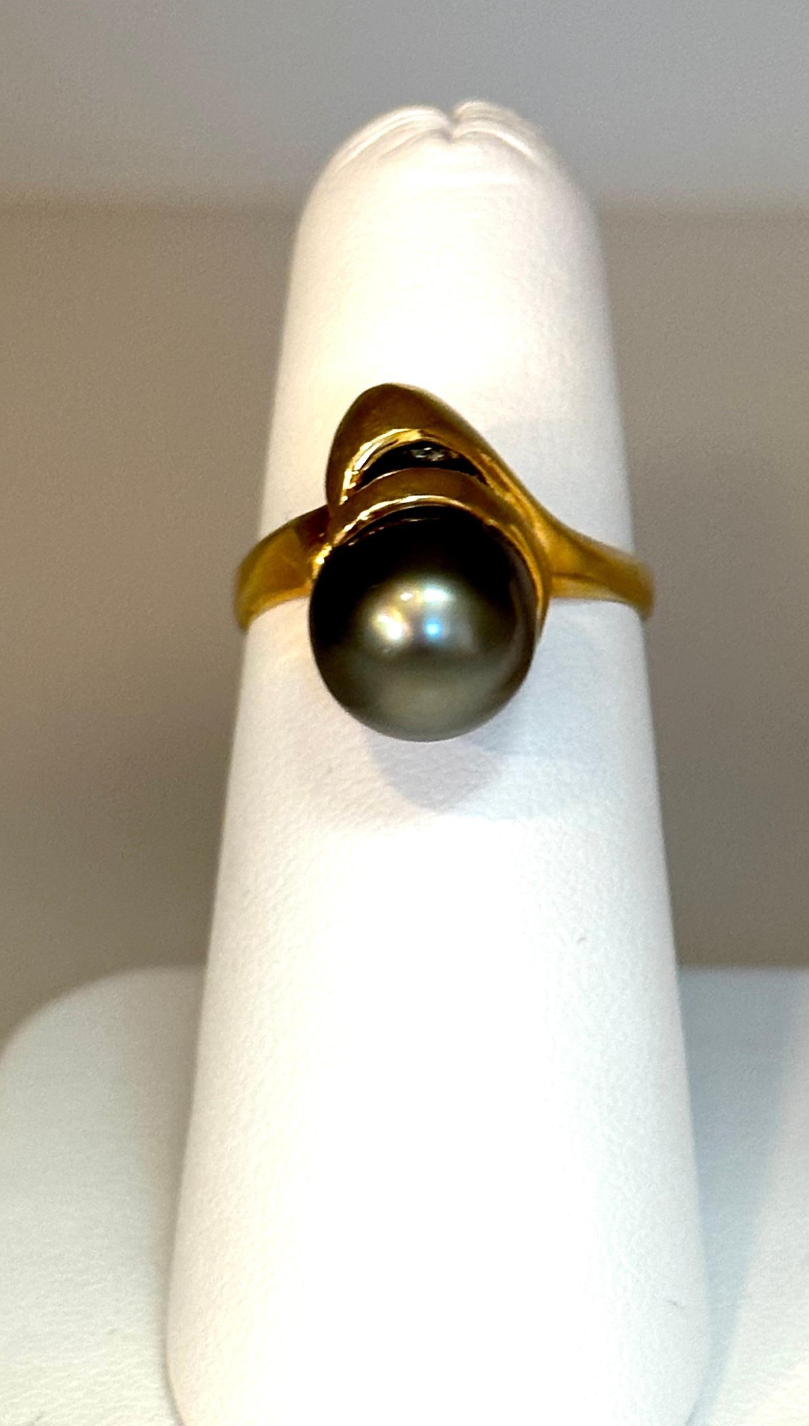 Black Tahitian Pearl 9.3 MM Cocktail Ring 18 Karat Yellow Gold - 7
