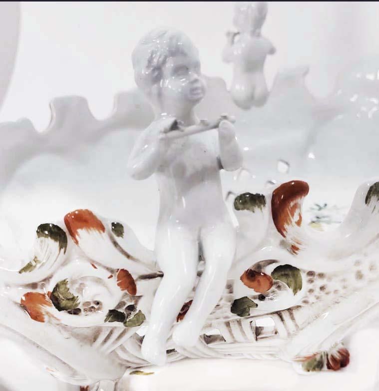 Large Capodimonte Porcelain Centerpiece Putti Cherub Figural Reticulated Centerpiece Bowl - Signed - - 5