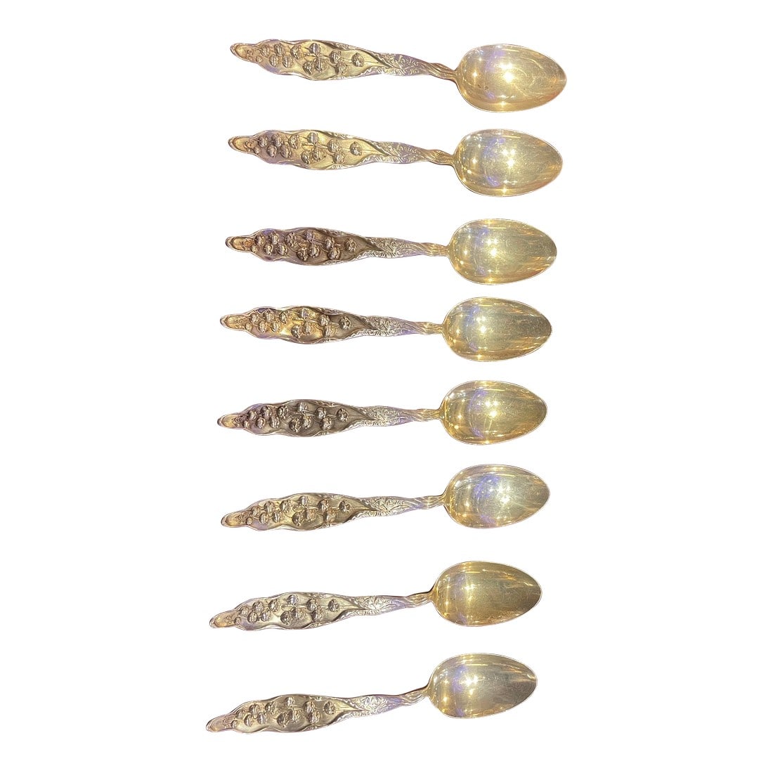 Late 19th Century Sterling Set /8 Spoons in "Lily of the Valley " Pattern by Whiting Manufacturi: Set of 8 sterling silver spoons in "Lily of the Valley " pattern by Whiting manufacturing co. Marked - see photos Weight - 1oz. Each Pattern was introduced in 1885 US Condition: Alterations: Original