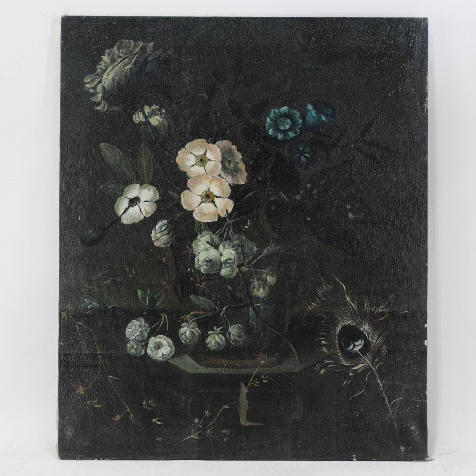 Vintage Dark Floral Still Life Oil Painting on Canvas With Peacock Feather - 10
