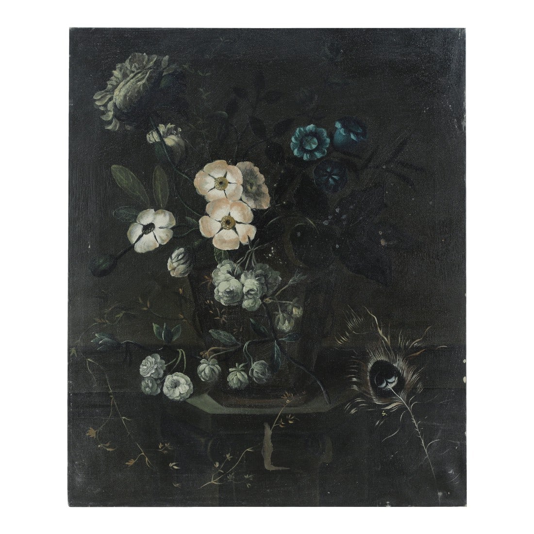 Vintage Dark Floral Still Life Oil Painting on Canvas With Peacock Feather: This dramatic vintage oil painting on canvas features a floral still life arrangement dominated by dark, somber tones, with flowers emerging from a deep, nearly black background. The bouquet includes