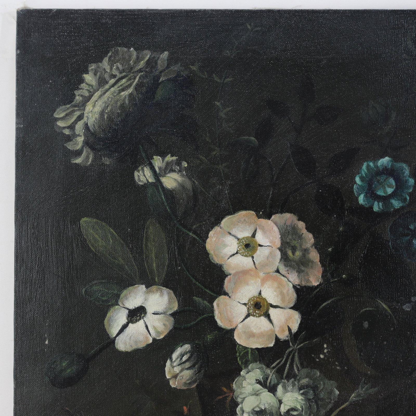 Vintage Dark Floral Still Life Oil Painting on Canvas With Peacock Feather - 2