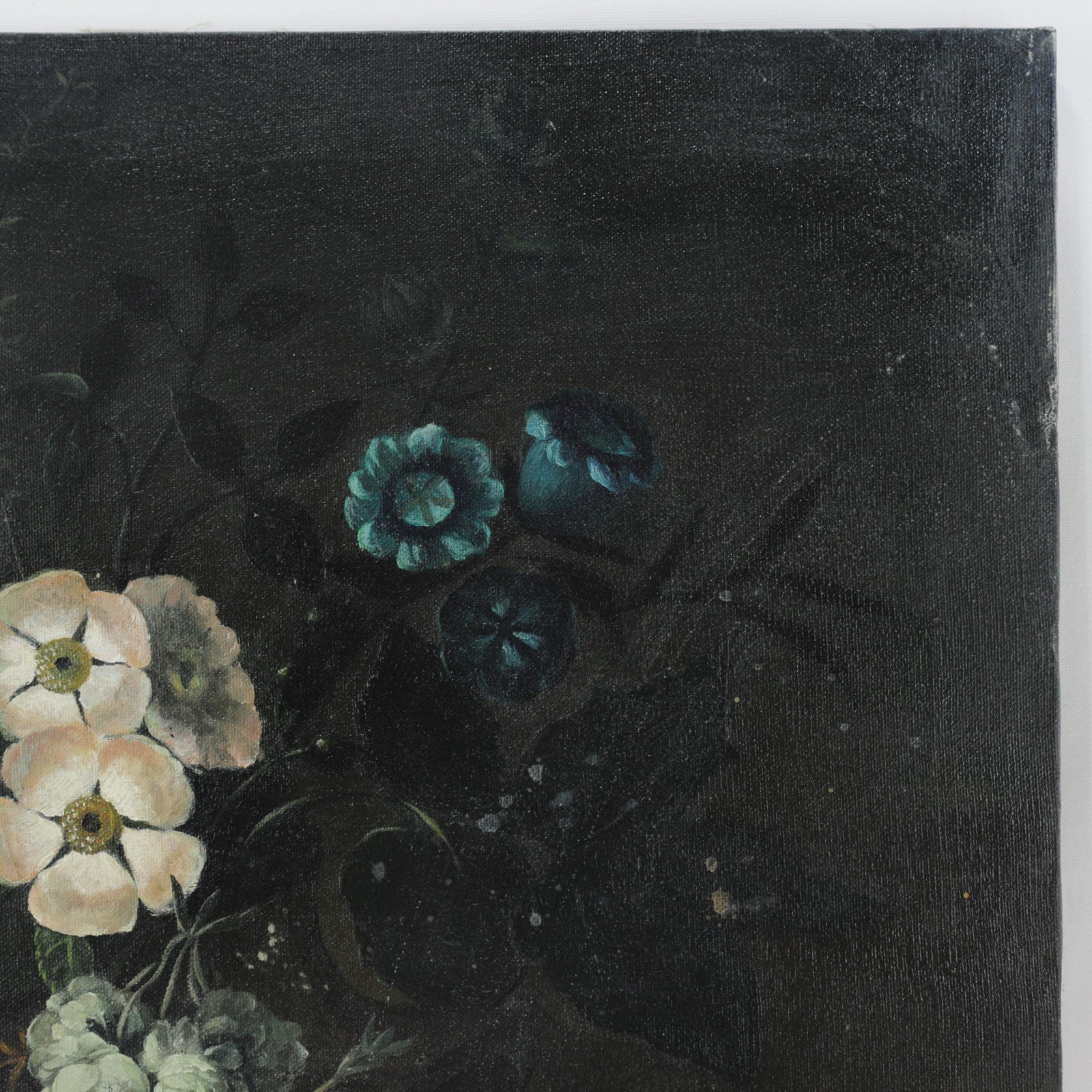 Vintage Dark Floral Still Life Oil Painting on Canvas With Peacock Feather - 3