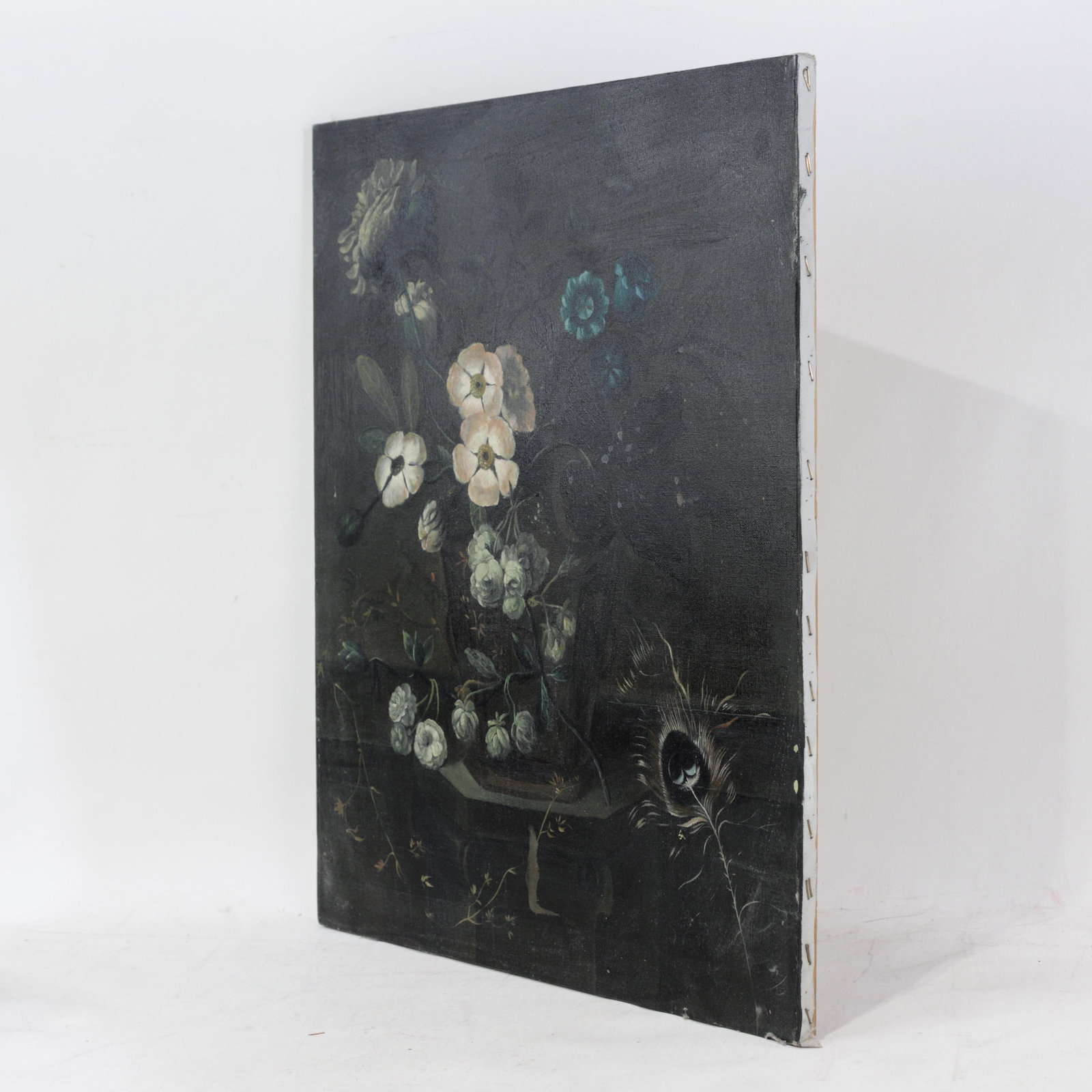 Vintage Dark Floral Still Life Oil Painting on Canvas With Peacock Feather - 4