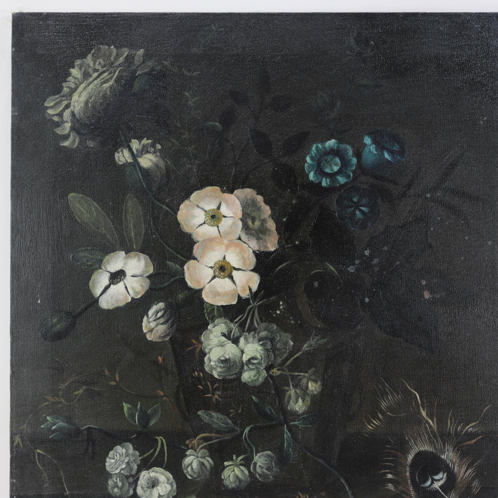 Vintage Dark Floral Still Life Oil Painting on Canvas With Peacock Feather - 5