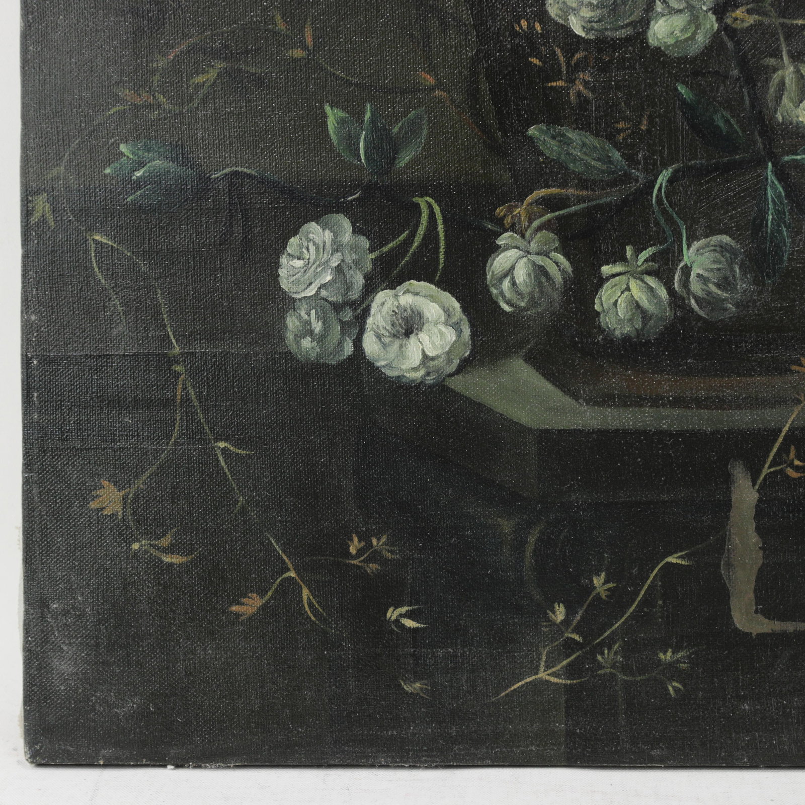 Vintage Dark Floral Still Life Oil Painting on Canvas With Peacock Feather - 6