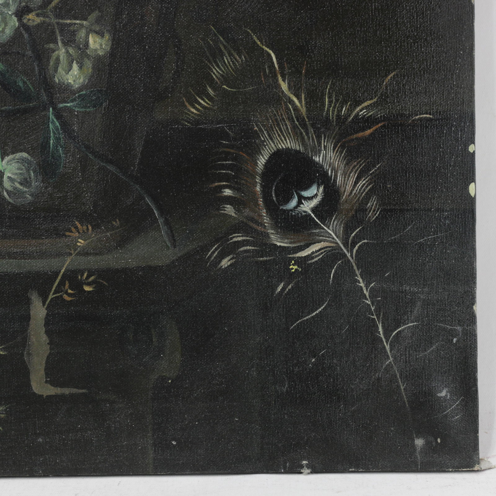 Vintage Dark Floral Still Life Oil Painting on Canvas With Peacock Feather - 7
