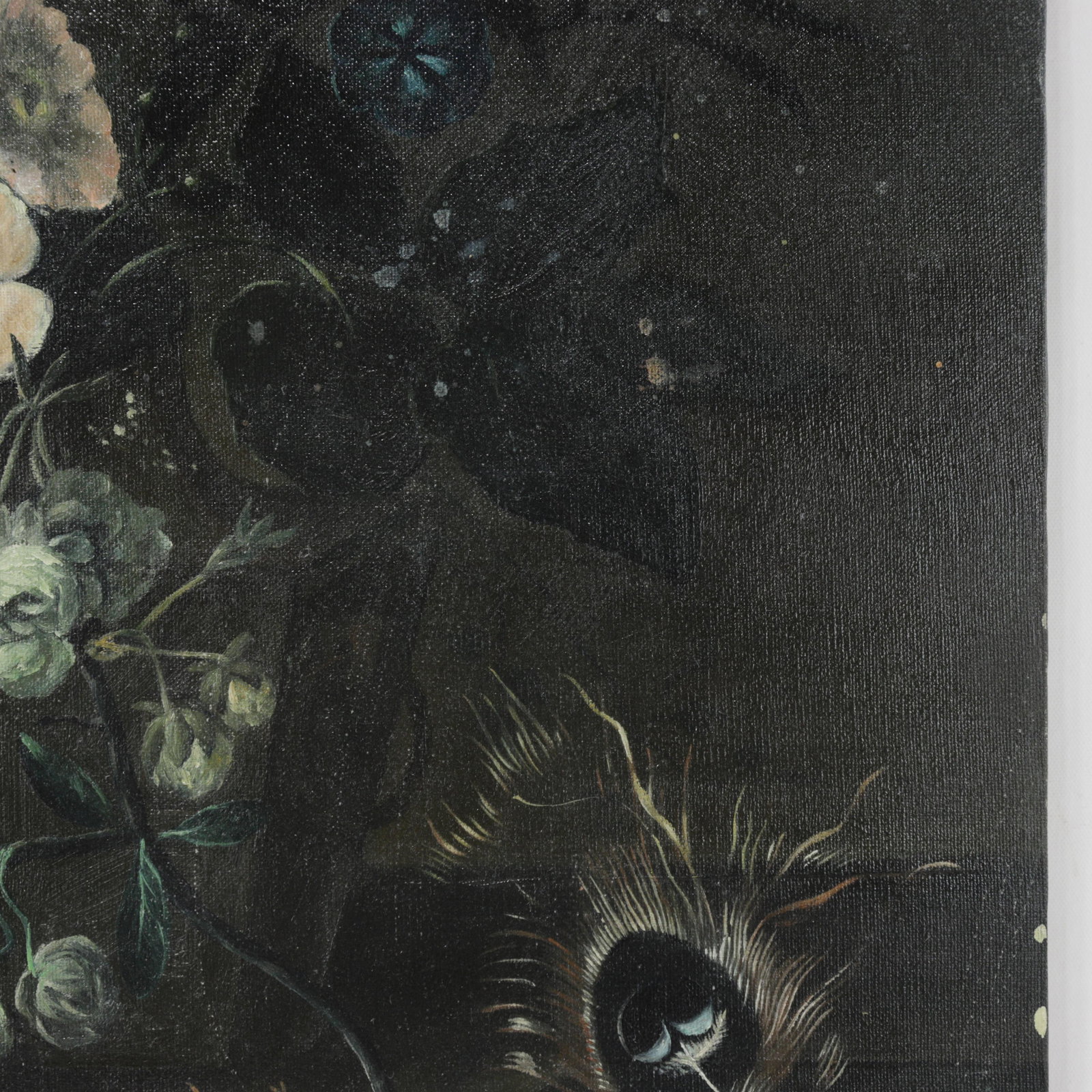 Vintage Dark Floral Still Life Oil Painting on Canvas With Peacock Feather - 8