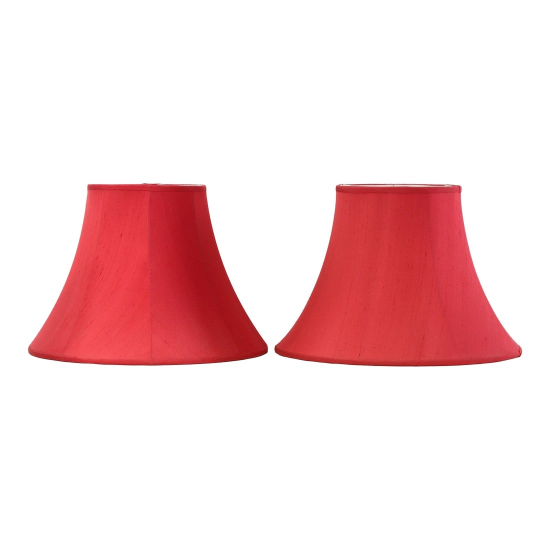 Pair of Vintage Red Textured Raw Silk Scalloped Bell Lamp Shades: This elegant pair of vintage lamp shades features a classic, widely used scalloped bell silhouette. They are covered in a luxurious, richly textured red raw silk fabric which provides a desirable