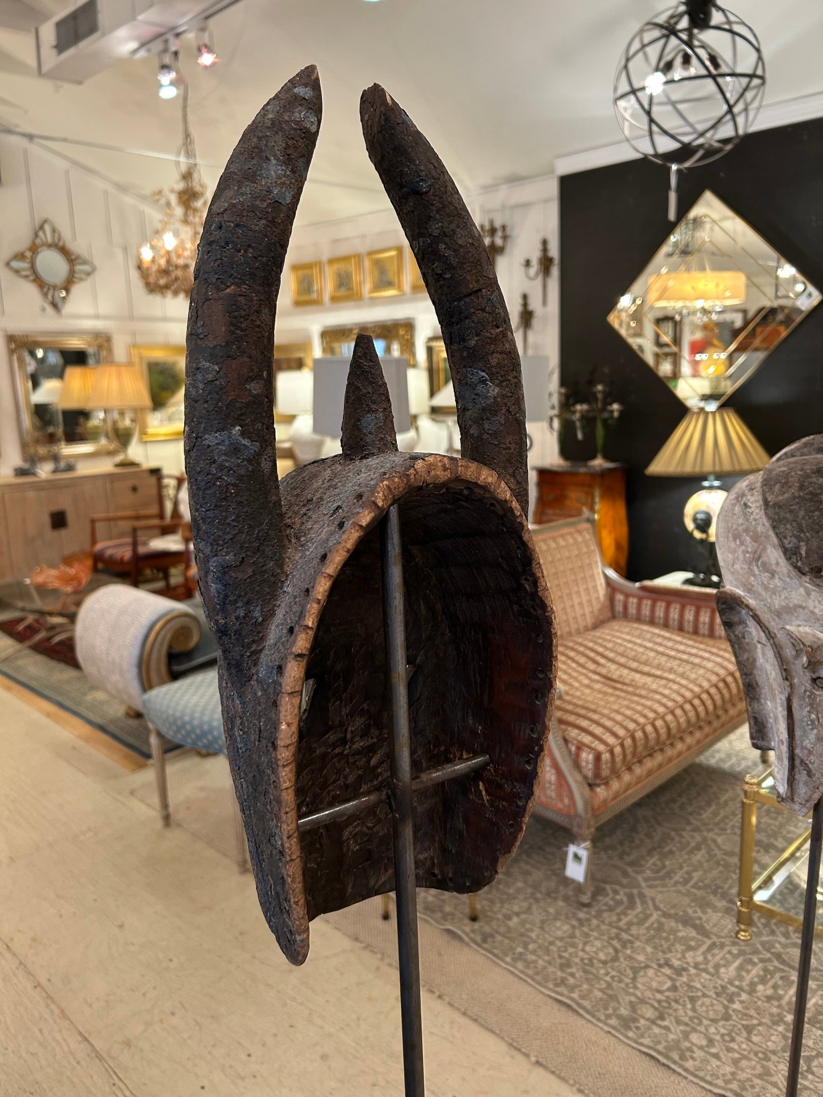 Collection of African Carved Wood Masks on Tall Custom Iron Stands - 13