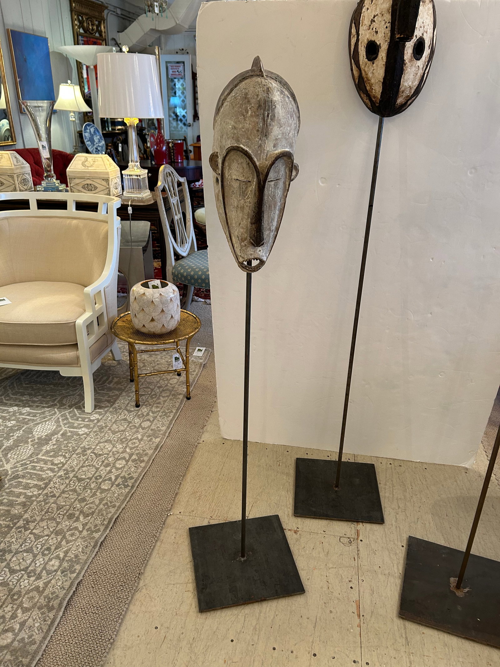 Collection of African Carved Wood Masks on Tall Custom Iron Stands - 3