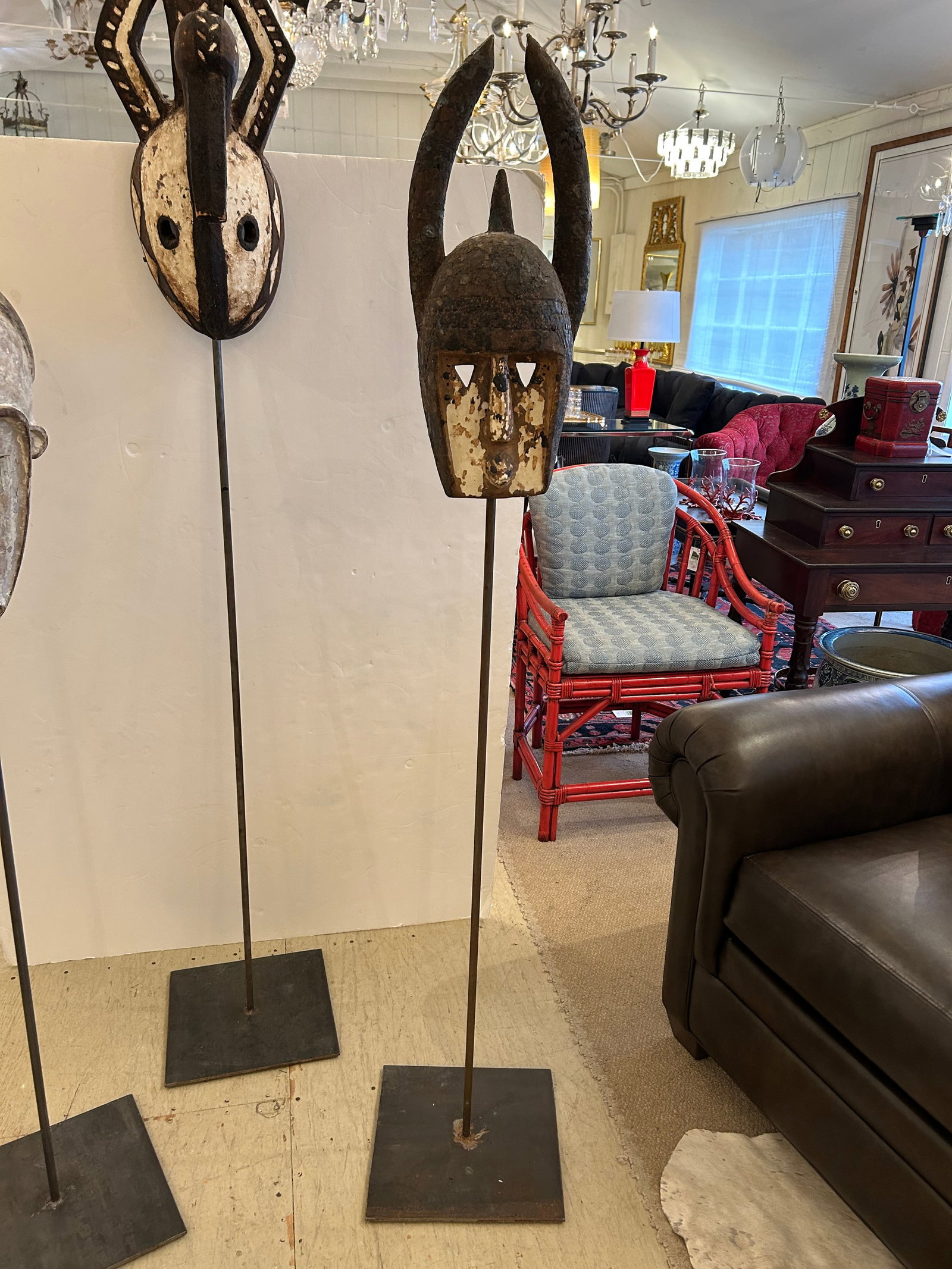 Collection of African Carved Wood Masks on Tall Custom Iron Stands - 7