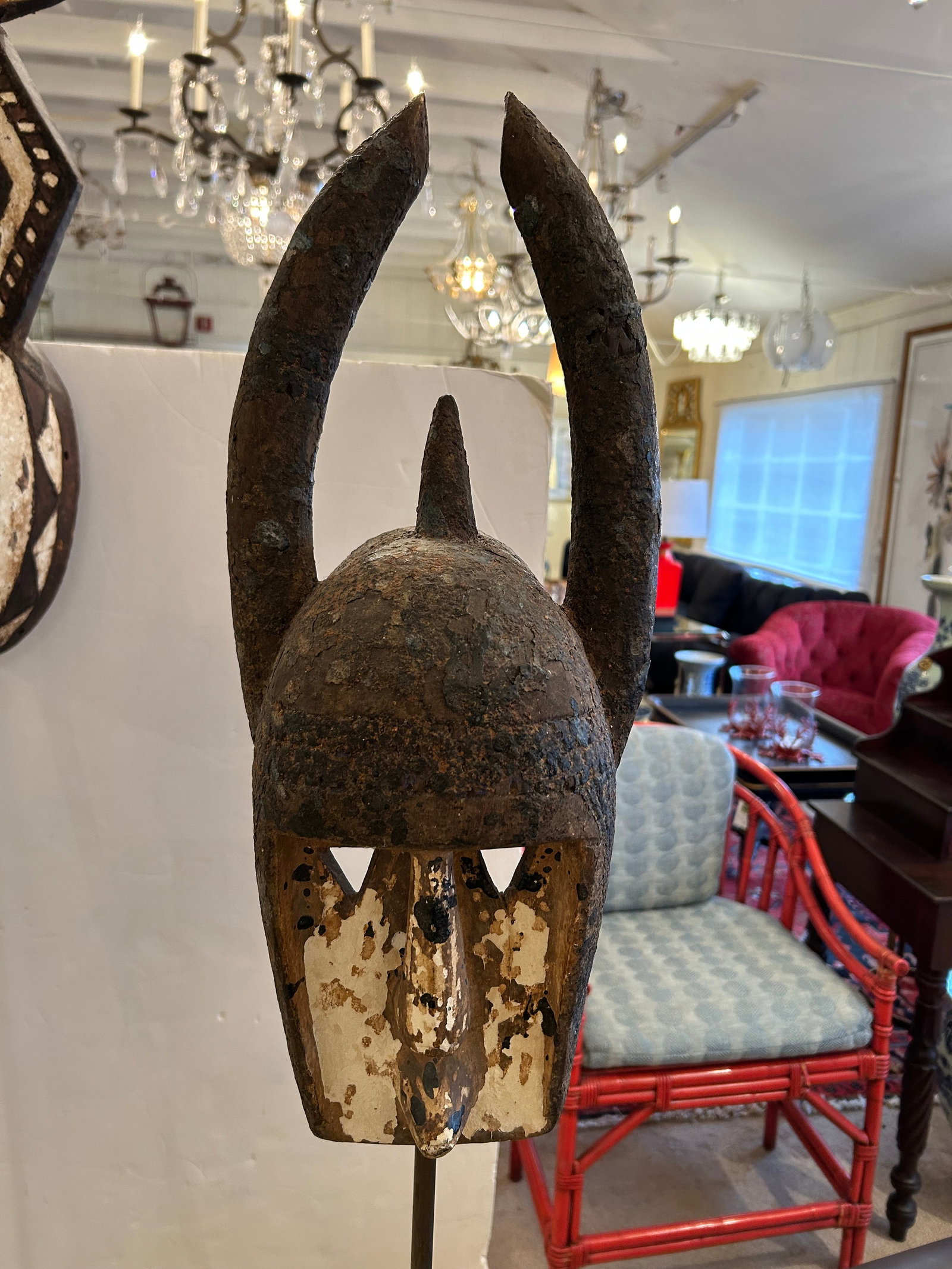 Collection of African Carved Wood Masks on Tall Custom Iron Stands - 8