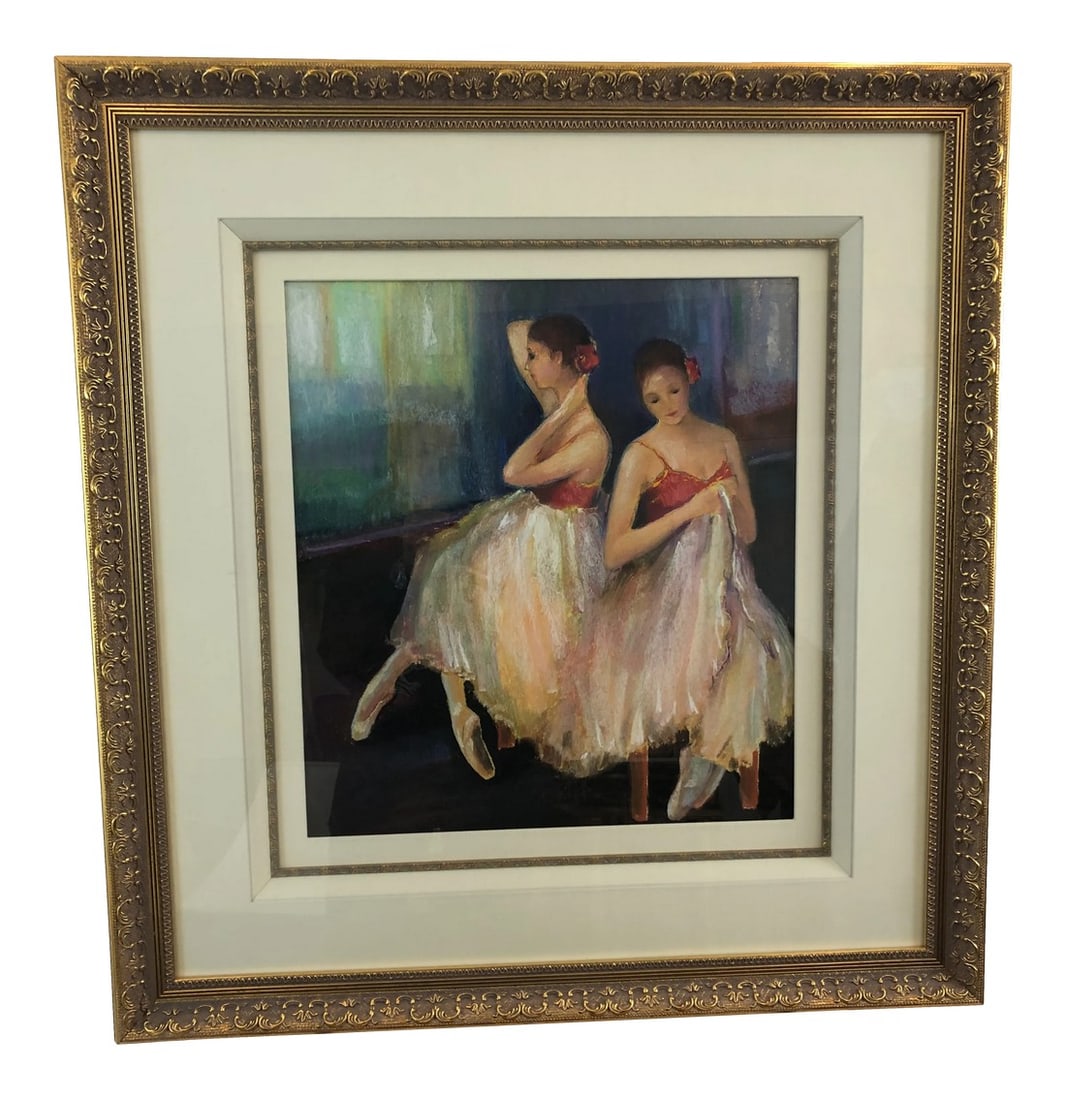 Pastel of Dancers by Acclaimed Artist Alice Pritchard: Beautifully rendered original pastel of "Dancers Before Rehearsal" by acclaimed American artist Alice Pritchard. Her painterly technique begins with the application of washes of opaque watercolor to