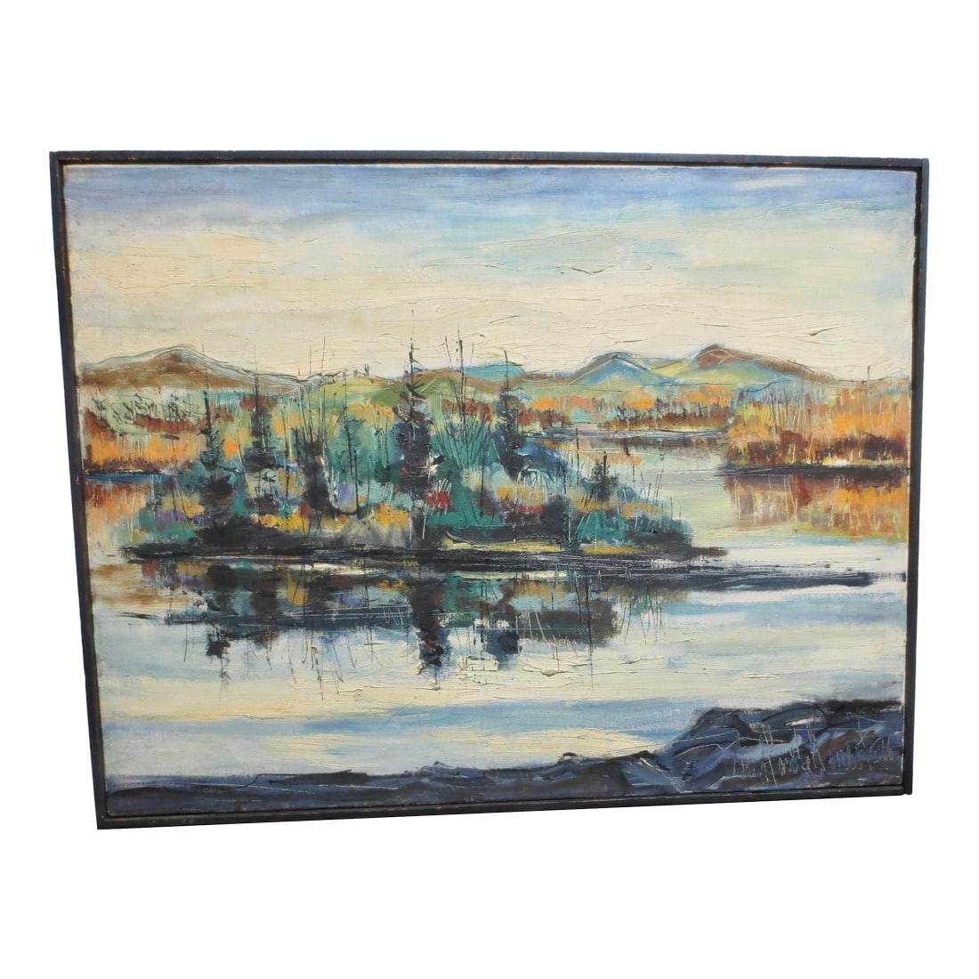 Paul Emile Genest Expressionist Landscape: Paul Emile Genest (born in Canada 1940.) A knife and brush gestural painting with highlights in pen. The name is scratched into the wet paint in the lower right. Decorative landscapes and scenes.