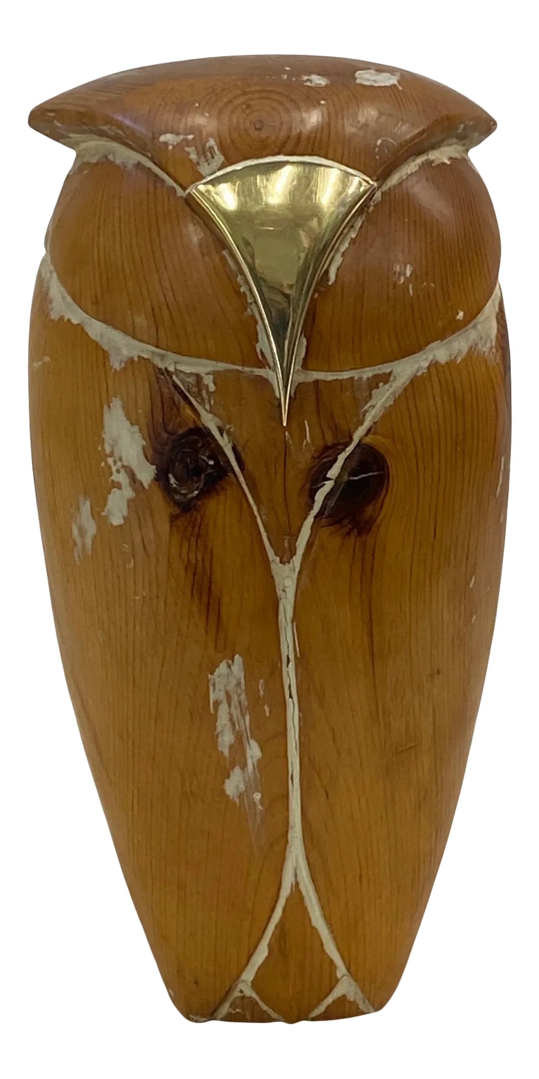 Abstract Carved Wooden Owl Sculpture With Brass Beak: An eye catching abstract carved wood sculpture of a stylized owl with brass beak. Condition: Alterations: Original Condition Unaltered Imperfections: Some Imperfections Condition Notes: Good. Wear