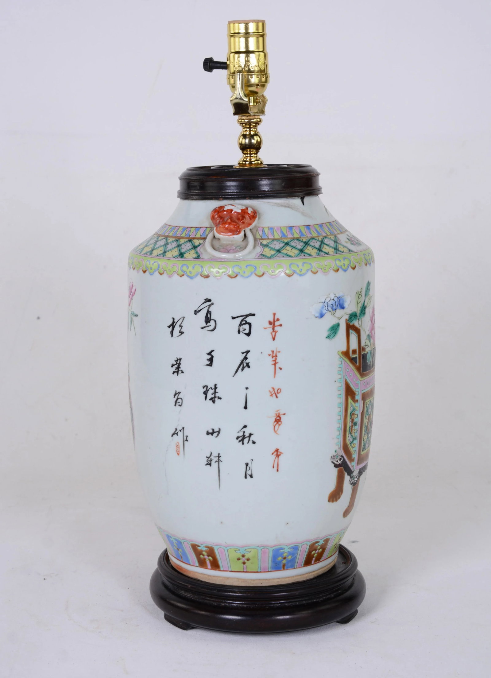 Chinese Antique Famille Rose Porcelain Vase Table Lamp - 3
