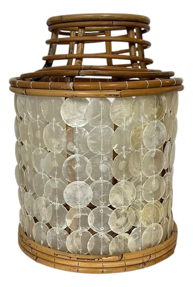 Vintage Capiz Mother of Pearl Shell and Bamboo Latern: Vintage bamboo and capiz mother of pearl shell candle lantern. Fabulous indoor / outdoor tropical, coadtal, farmhouse piece. Measures 11" diameter x 15" h, will hold light or candle up to 4.75"