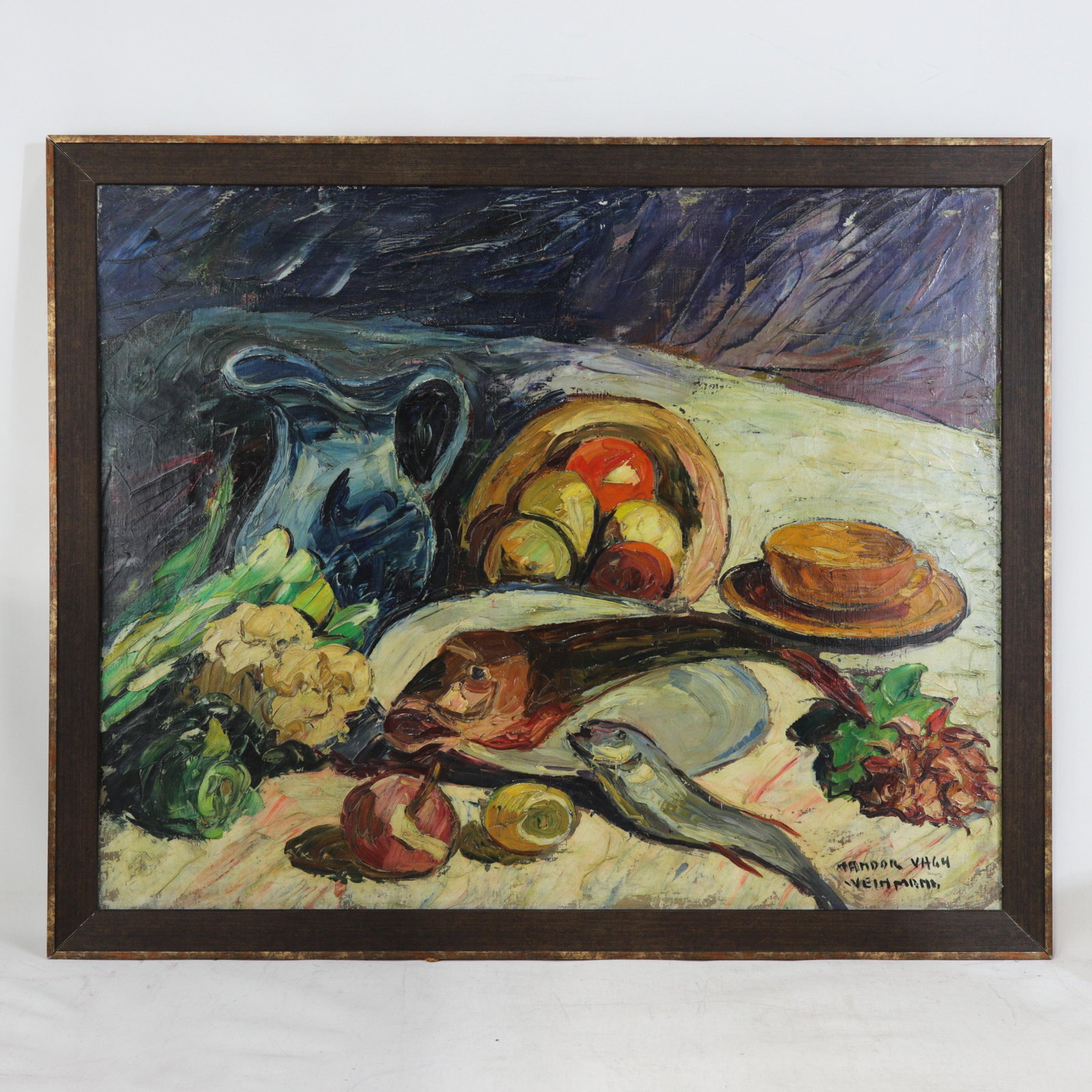 Nandor Vagh Weinmann Original Still Life Oil Painting - Fish, Fruit, and Blue Jug - 14