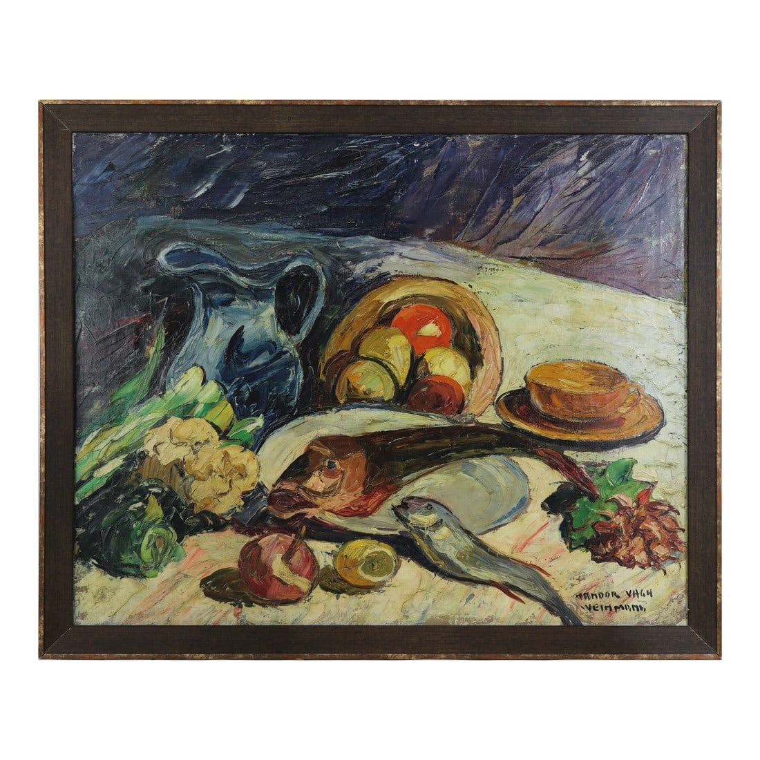 Nandor Vagh Weinmann Original Still Life Oil Painting - Fish, Fruit, and Blue Jug: This masterful original oil painting by the noted Hungarian artist Nandor Vagh Weinmann (1885–1964) is a dynamic example of Post-Impressionist still life, characterized by a heavy, expressive
