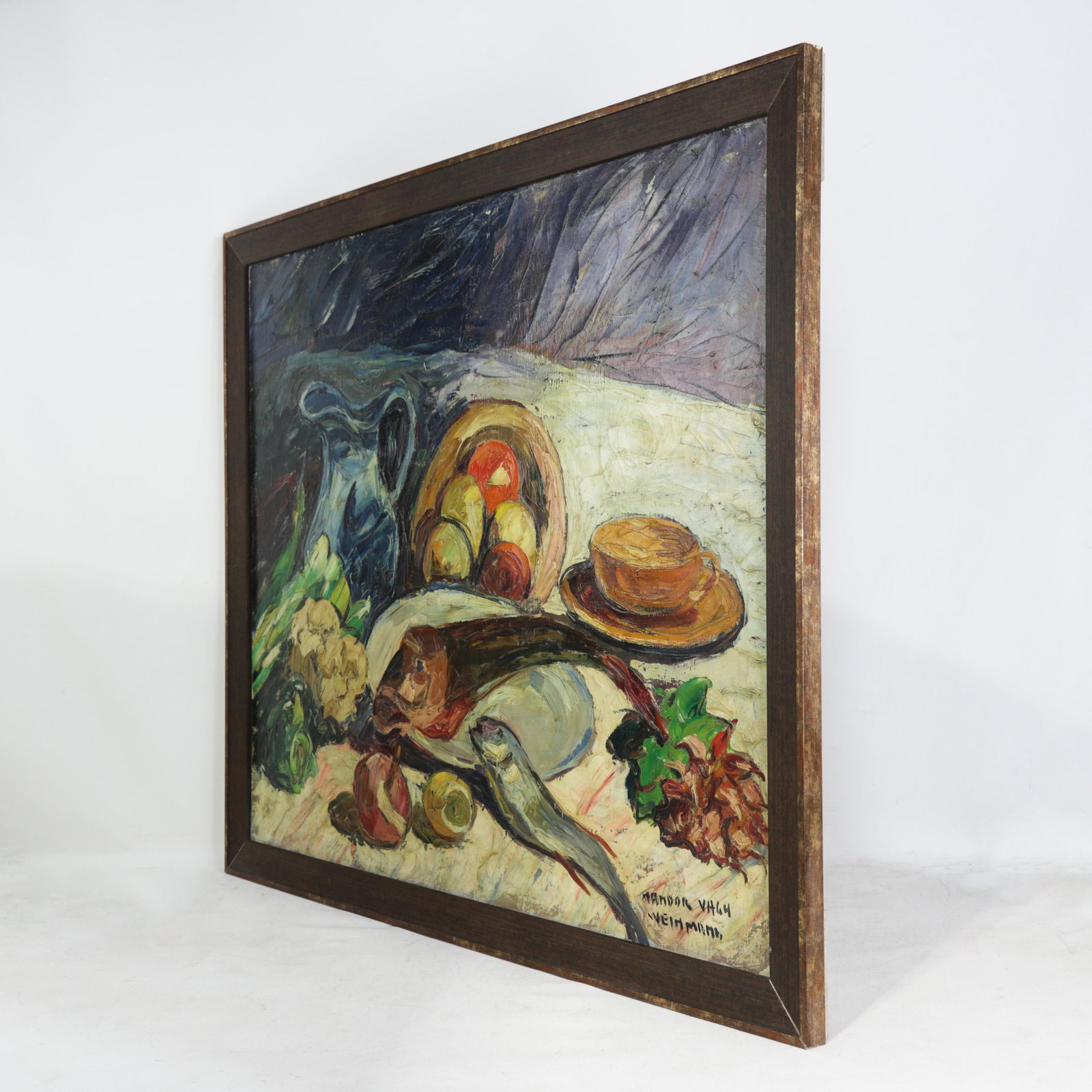 Nandor Vagh Weinmann Original Still Life Oil Painting - Fish, Fruit, and Blue Jug - 2