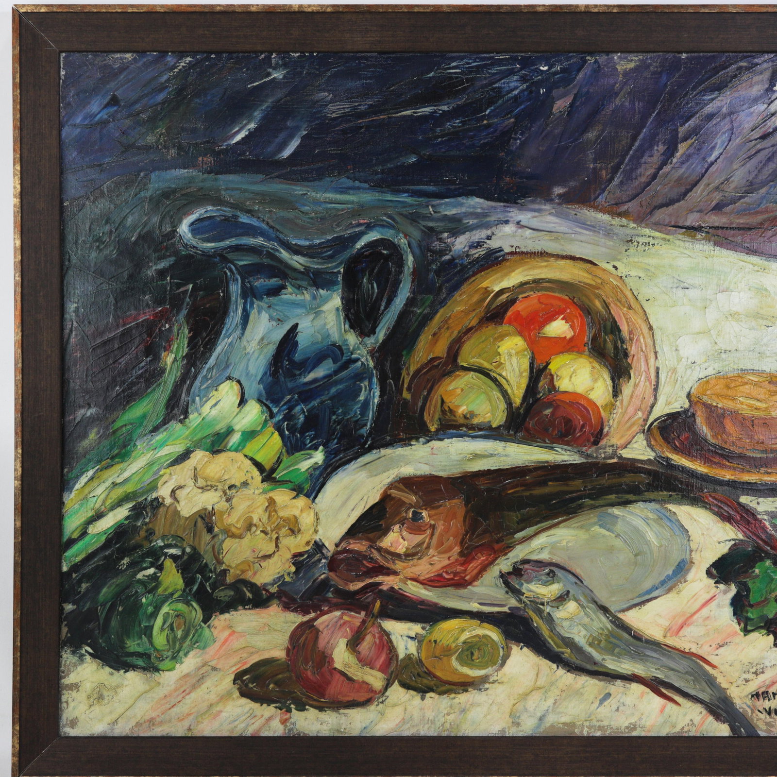 Nandor Vagh Weinmann Original Still Life Oil Painting - Fish, Fruit, and Blue Jug - 4