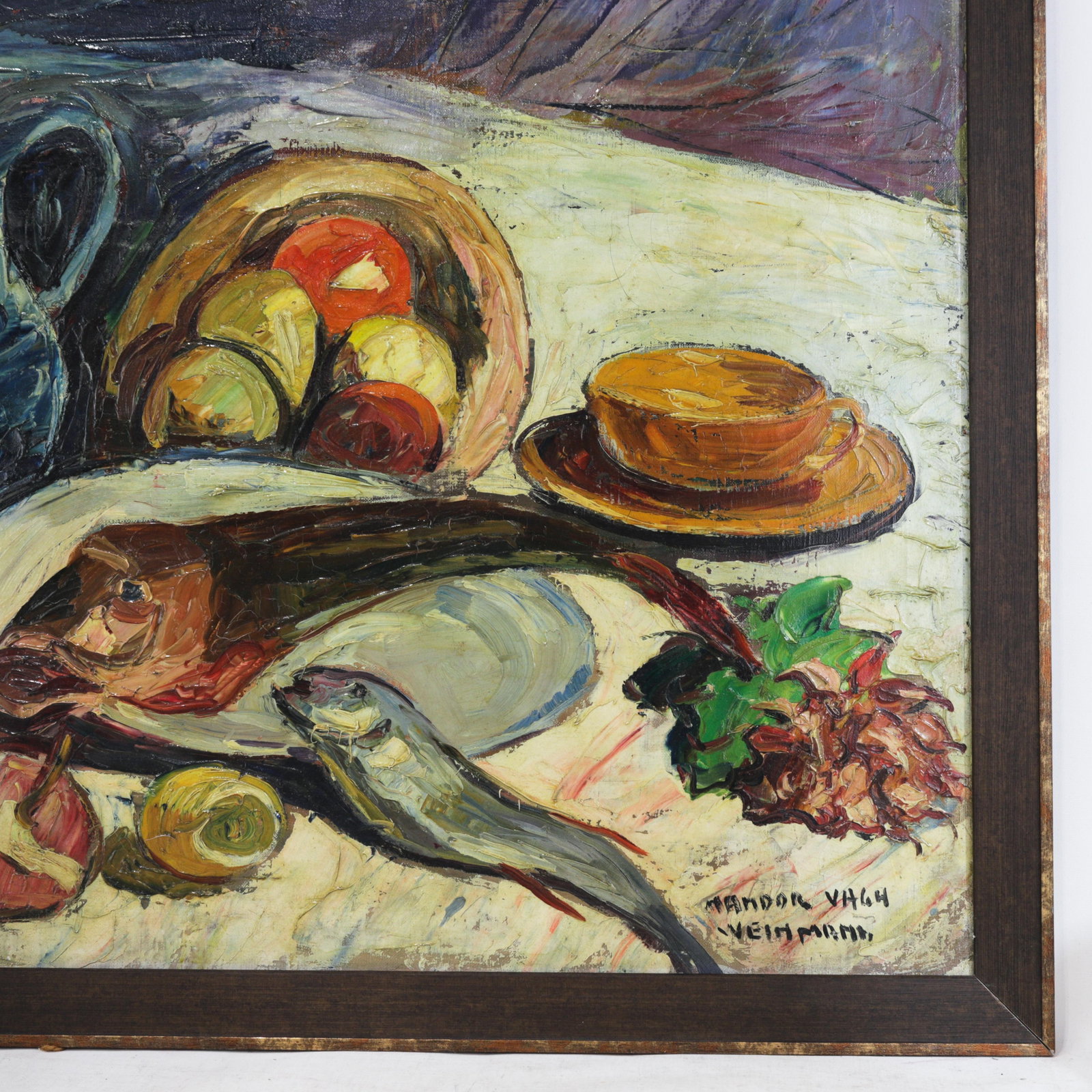 Nandor Vagh Weinmann Original Still Life Oil Painting - Fish, Fruit, and Blue Jug - 5