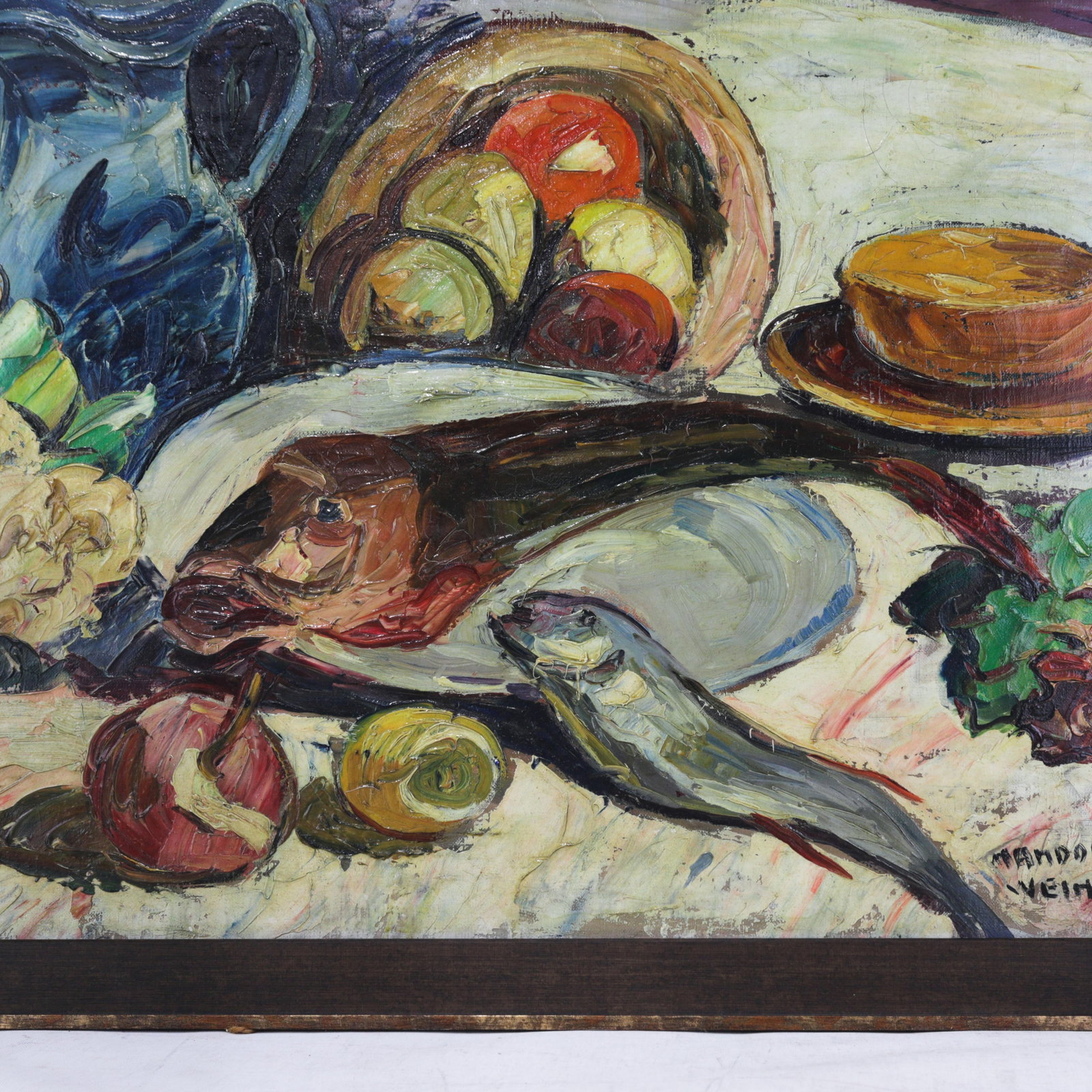 Nandor Vagh Weinmann Original Still Life Oil Painting - Fish, Fruit, and Blue Jug - 7