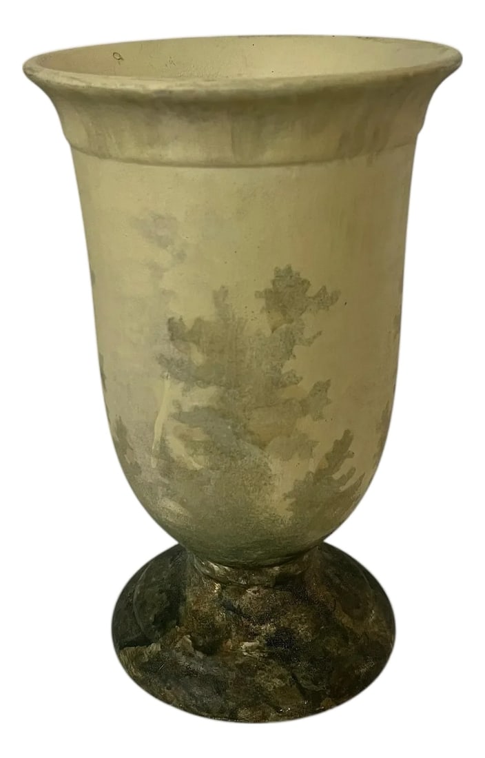 Vintage Hand Painted Pottery Pedestal Vase: Vintage hand painted pottery pedestal vase in pale watery colors of varying green. There is a run on one side consistent with hand painted items. Measures 7.5" diameter x 12" h. Condition: