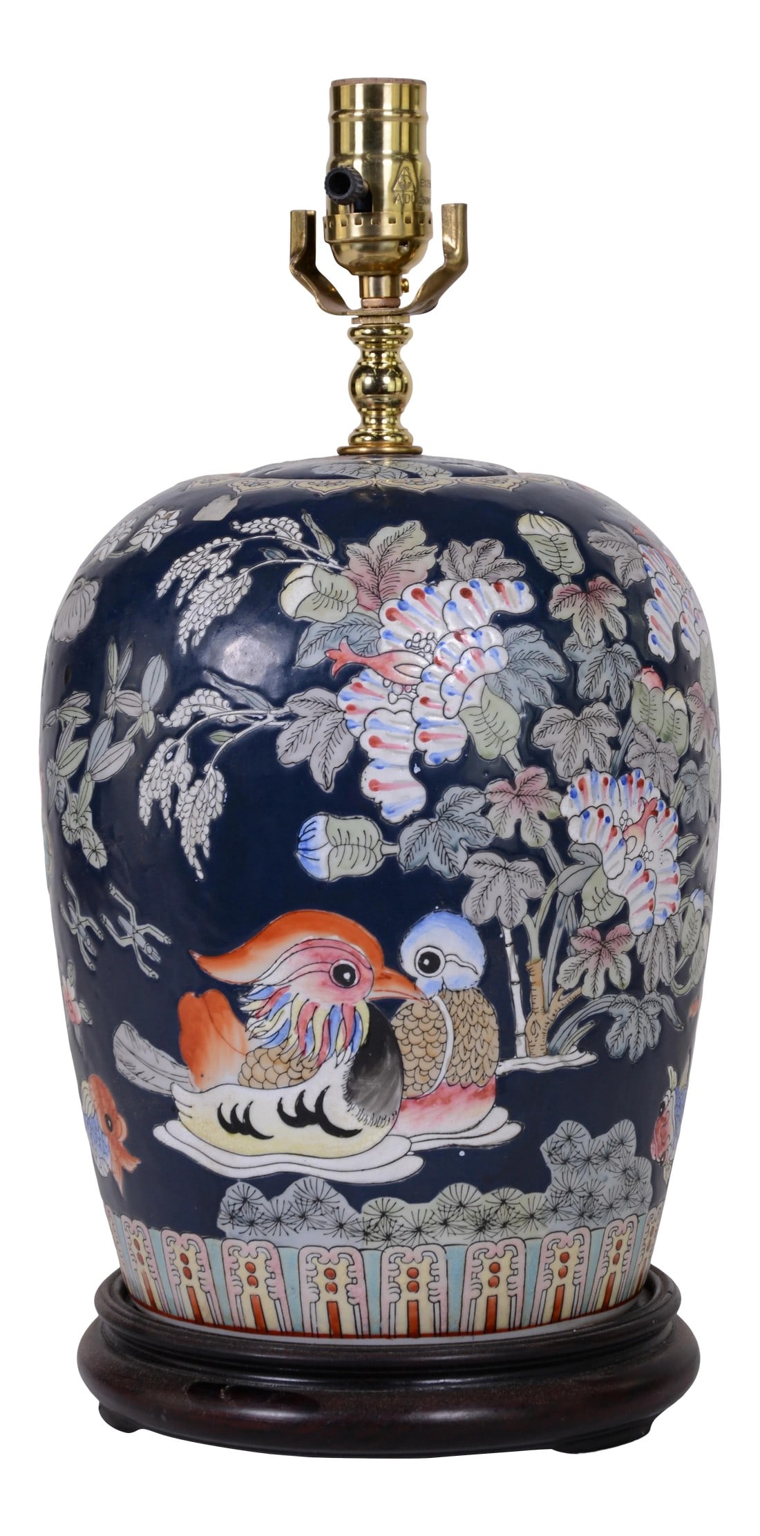 Chinese Famille Rose Jar Table Lamp: Chinese Famille Rose jar table lamp.. 8.5" * 17", with Love birds around floral leave and water. Condition: Imperfections: Some Imperfections Condition Notes: In good condition with some minor