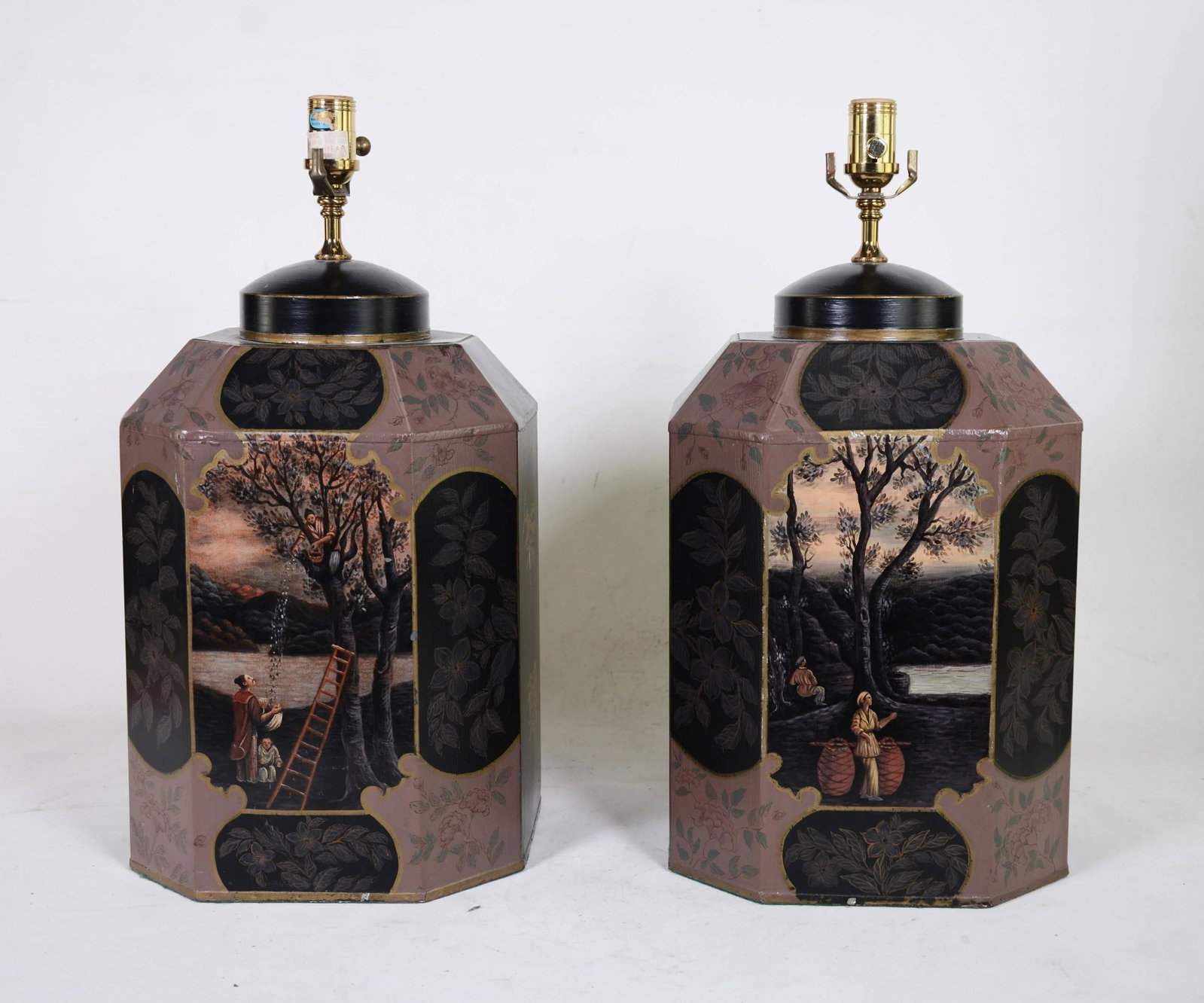 Vintage Hand-Painted English-Style Chinese Export Tea Caddy Table Lamp - a Pair - 12