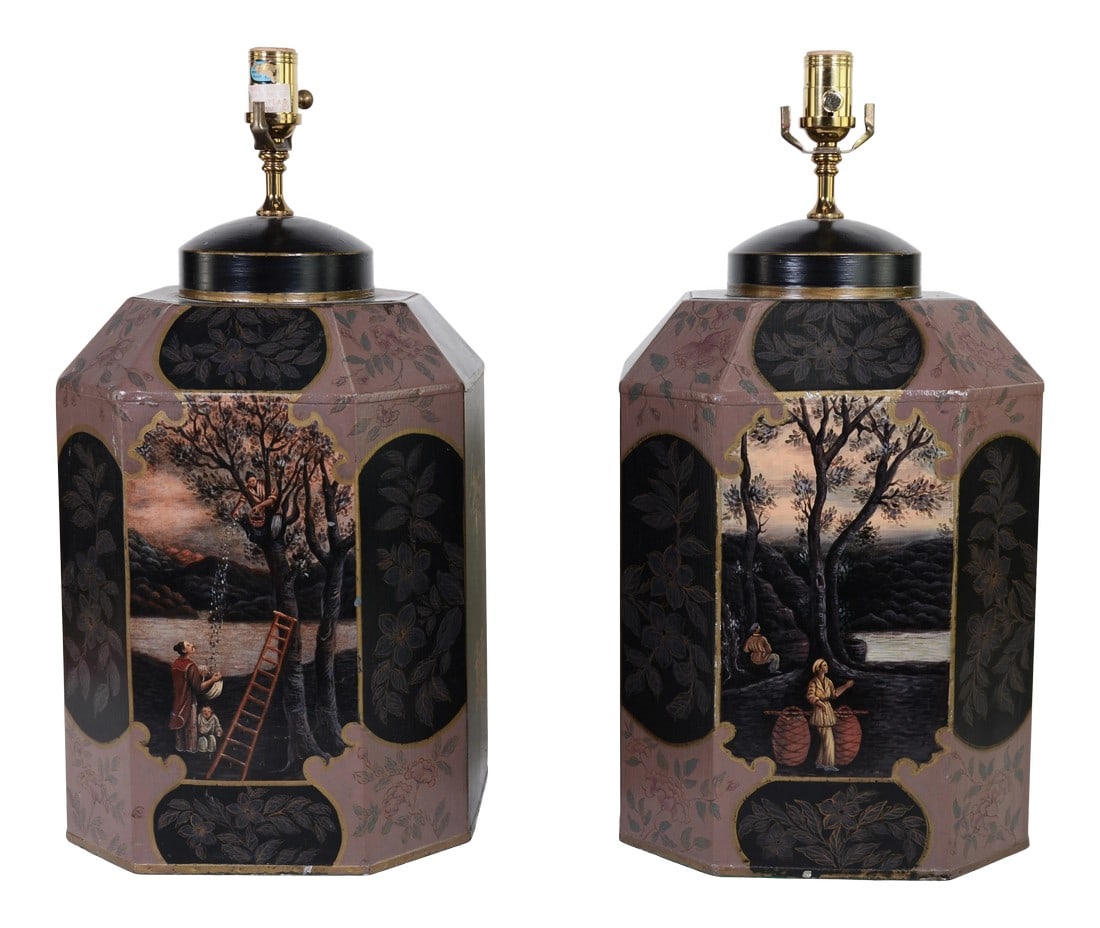 Vintage Hand-Painted English-Style Chinese Export Tea Caddy Table Lamp - a Pair: A pair vintage Hand-painted English-style Chinese export tea caddy table lamp.On the front of the lamp is the hand-painted two groups of early British landscapes and figures, and on the back of the