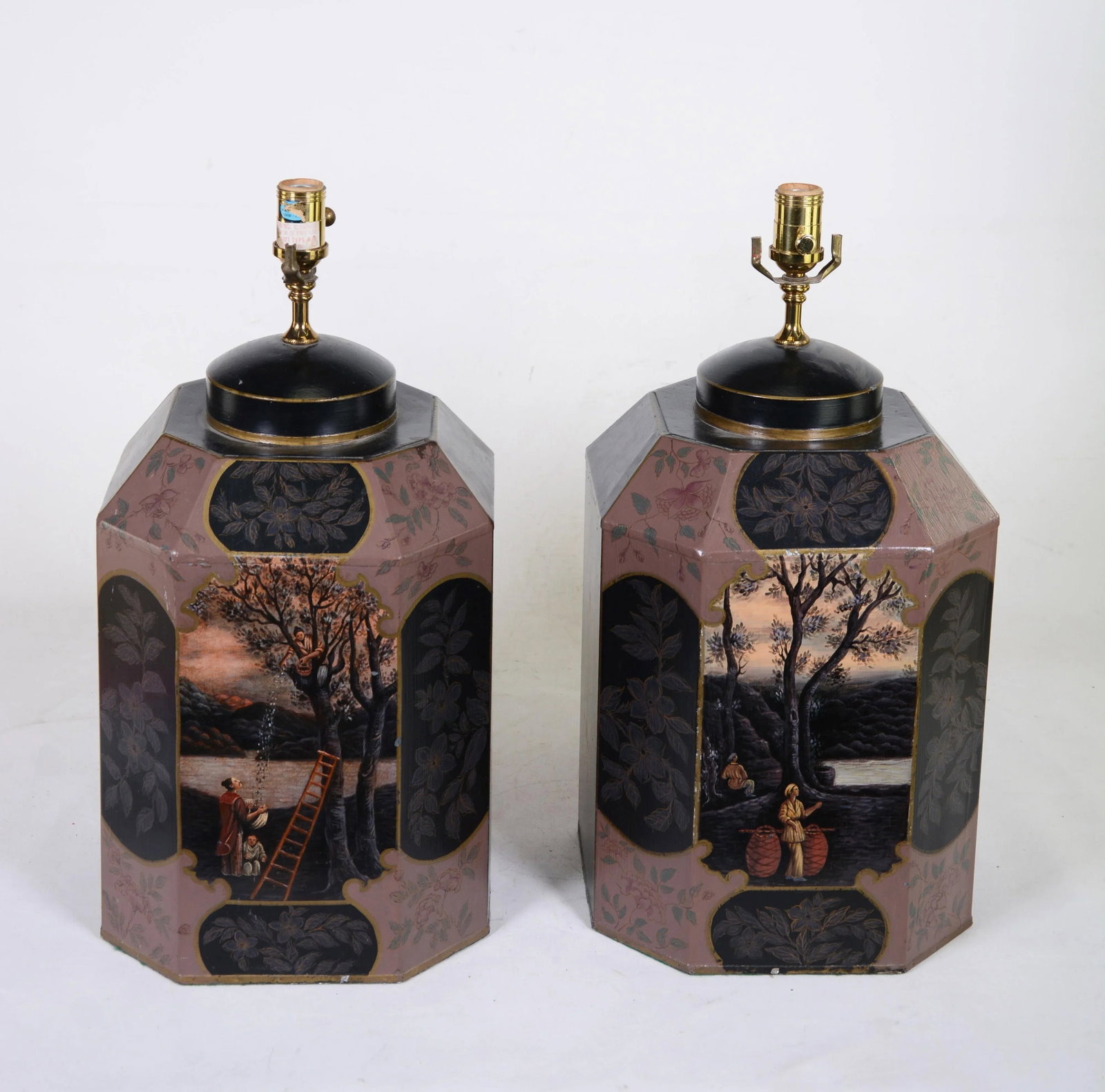 Vintage Hand-Painted English-Style Chinese Export Tea Caddy Table Lamp - a Pair - 2