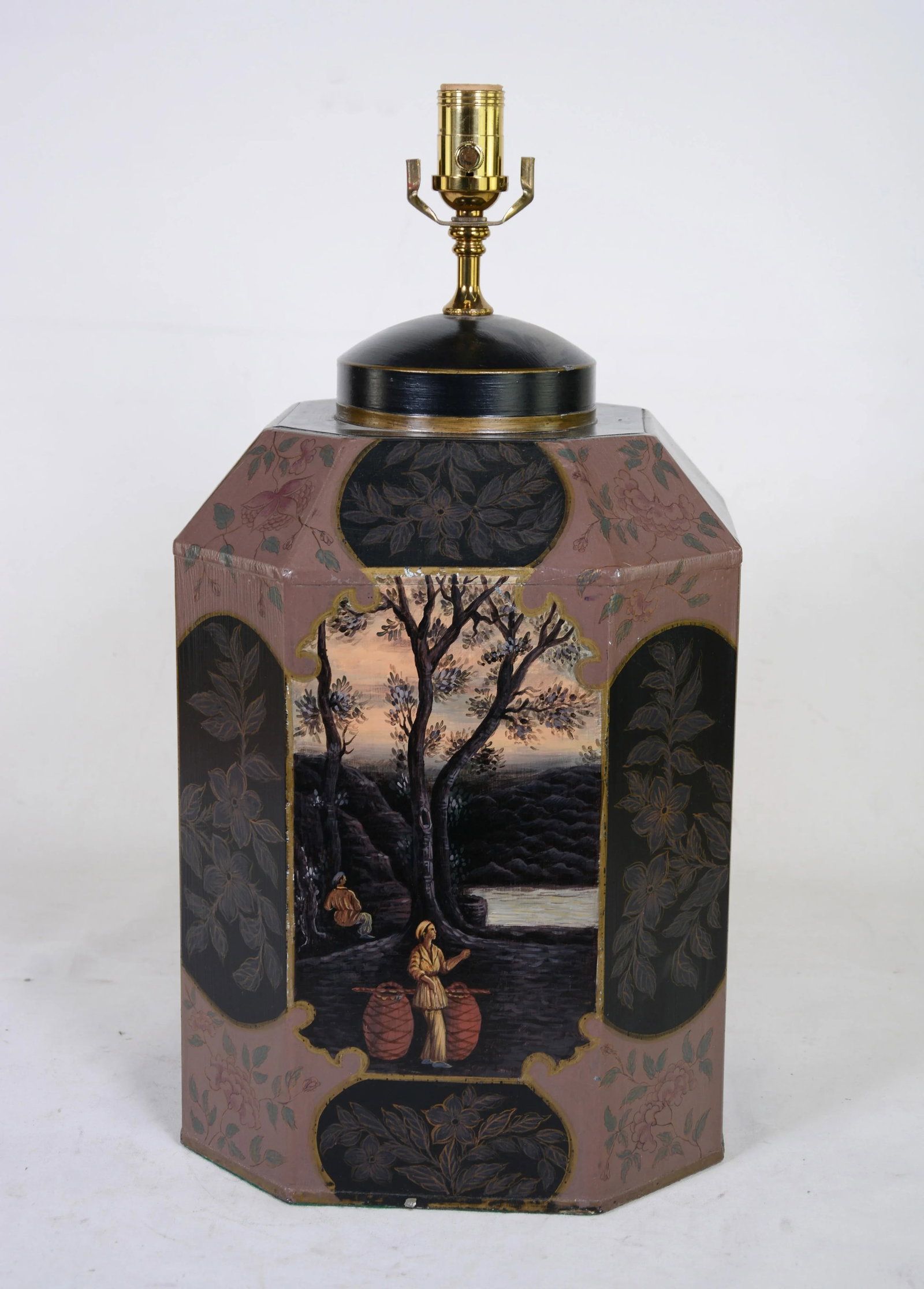 Vintage Hand-Painted English-Style Chinese Export Tea Caddy Table Lamp - a Pair - 3