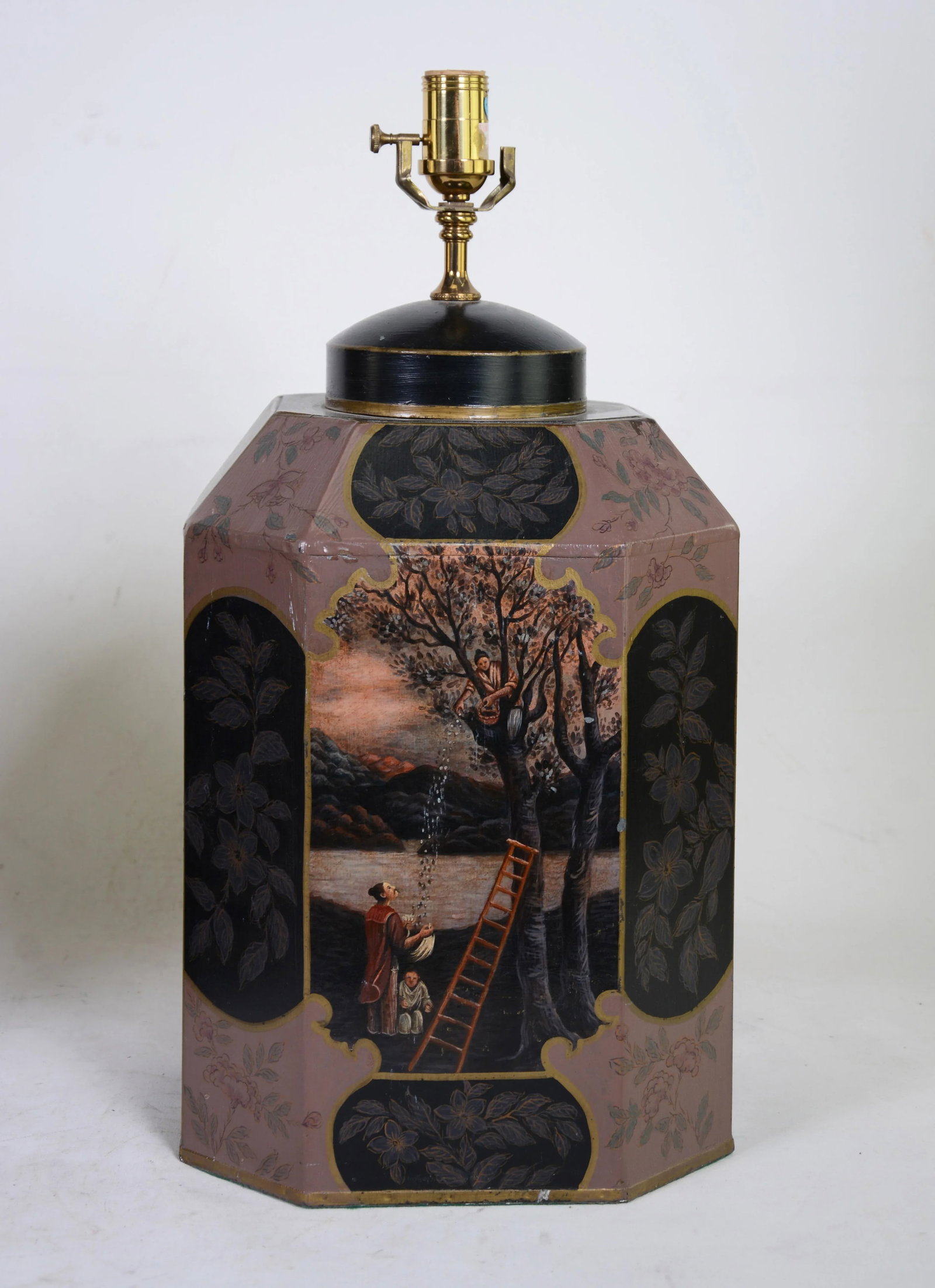 Vintage Hand-Painted English-Style Chinese Export Tea Caddy Table Lamp - a Pair - 6