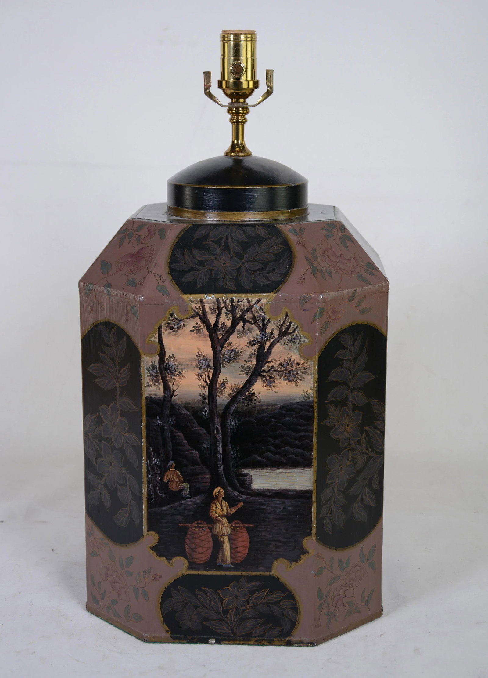 Vintage Hand-Painted English-Style Chinese Export Tea Caddy Table Lamp - a Pair - 7
