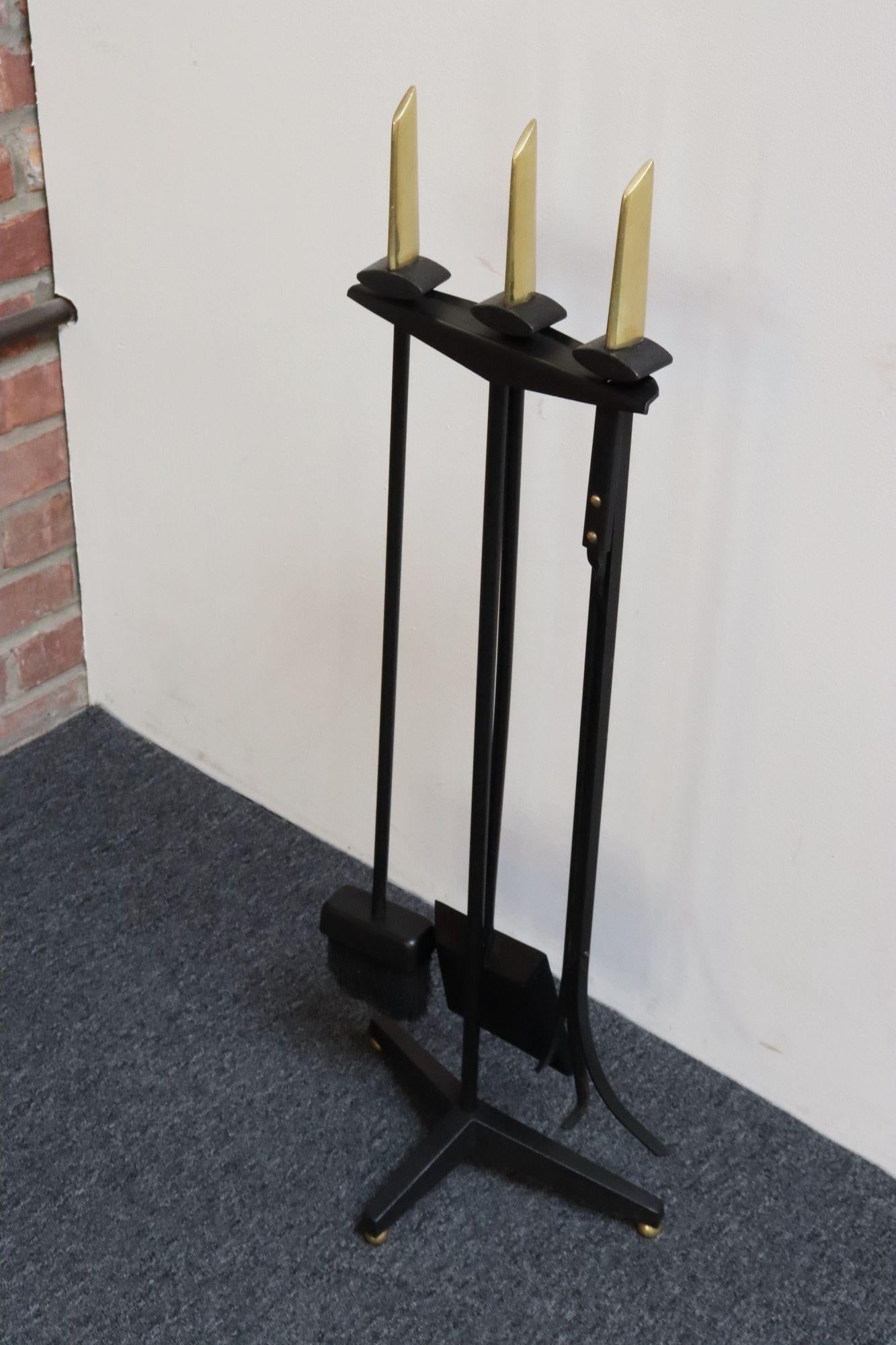 Mid-Century Modern Polished Brass and Iron Fireplace Tool Set by Donald Deskey - 6