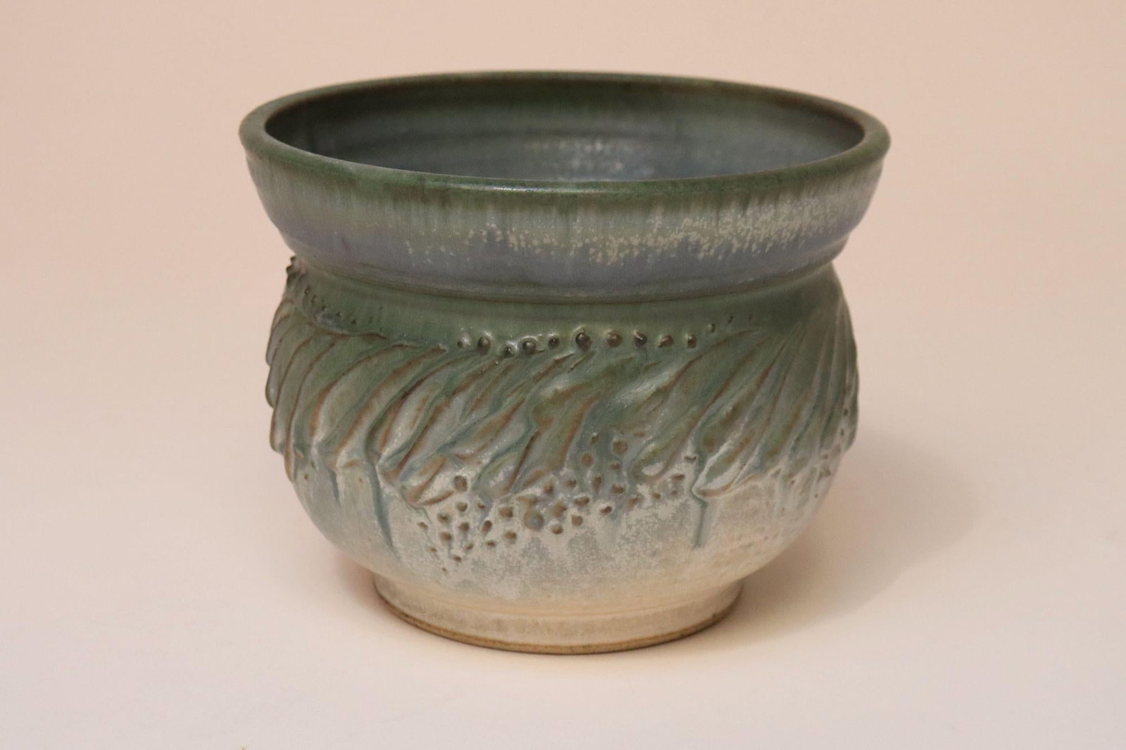 Petite Vintage Green and Blue Incised Ceramic Planter Vase by Deanna Nichols - 2