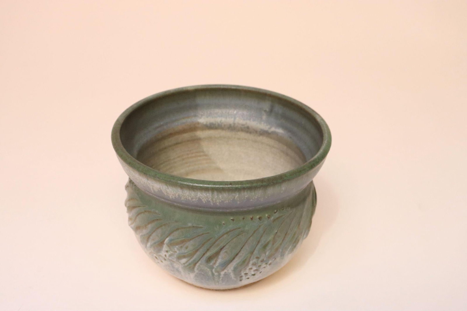 Petite Vintage Green and Blue Incised Ceramic Planter Vase by Deanna Nichols - 4