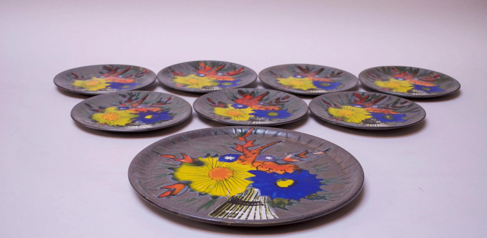 Vintage French Porcelain Enamel 'Floral' Cake Plates - Set of 8 - 10