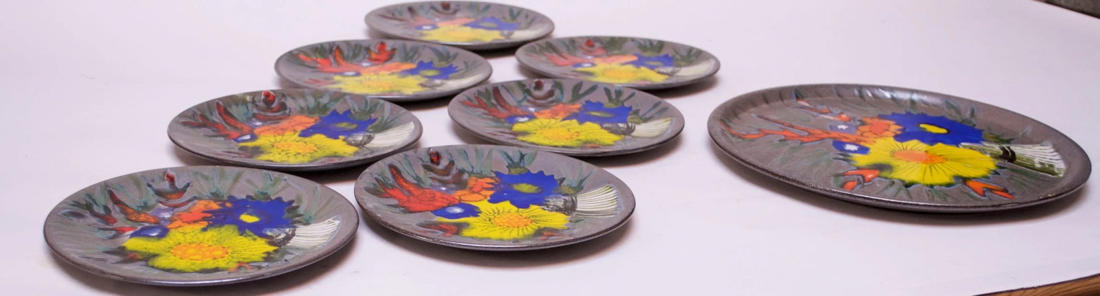 Vintage French Porcelain Enamel 'Floral' Cake Plates - Set of 8 - 12