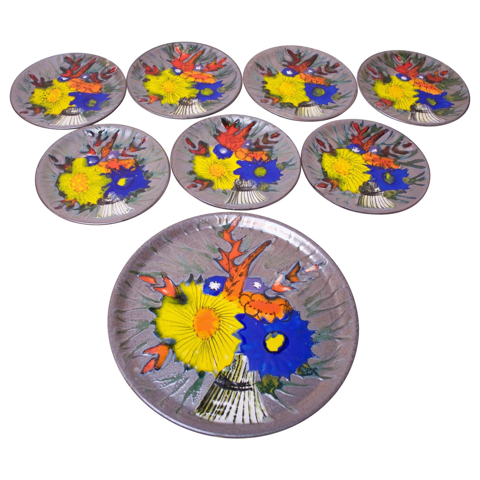 Vintage French Porcelain Enamel 'Floral' Cake Plates - Set of 8 - 13