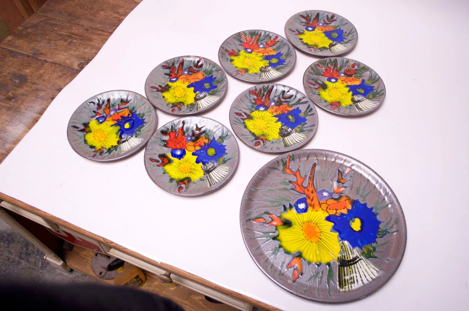 Vintage French Porcelain Enamel 'Floral' Cake Plates - Set of 8 - 2