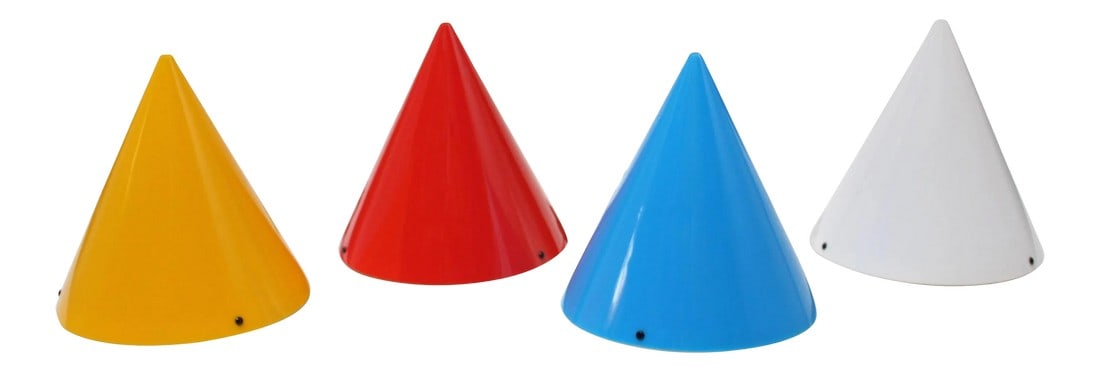 Acrylic 'Cone' Fixtures by Verner Panton for Polythema - Set of 4: These four conical table or wall-mounted lights in blue, red, yellow and white were designed in 1995 by Verner Panton and produced by the company, Polythema, known for their work in acrylics. Three