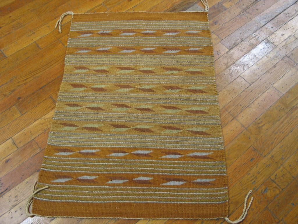 1940s Tan Camel Stripe Modern Antique American Navajo Chinle Wide Ruins Rug 2' X 3' Flat Weave Wool - 2