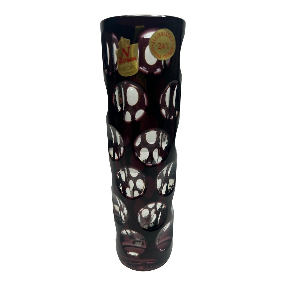 Vintage Nachtmann Bleikristall Amethyst Cut to Clear Glass Vase Bamberg West Germany: The stunning brand new old stock 7 1/2 inches tall amethyst cut to clear very heavy vase Stunning with the light reflections through the circles Original tags remain on it and it's signed on the