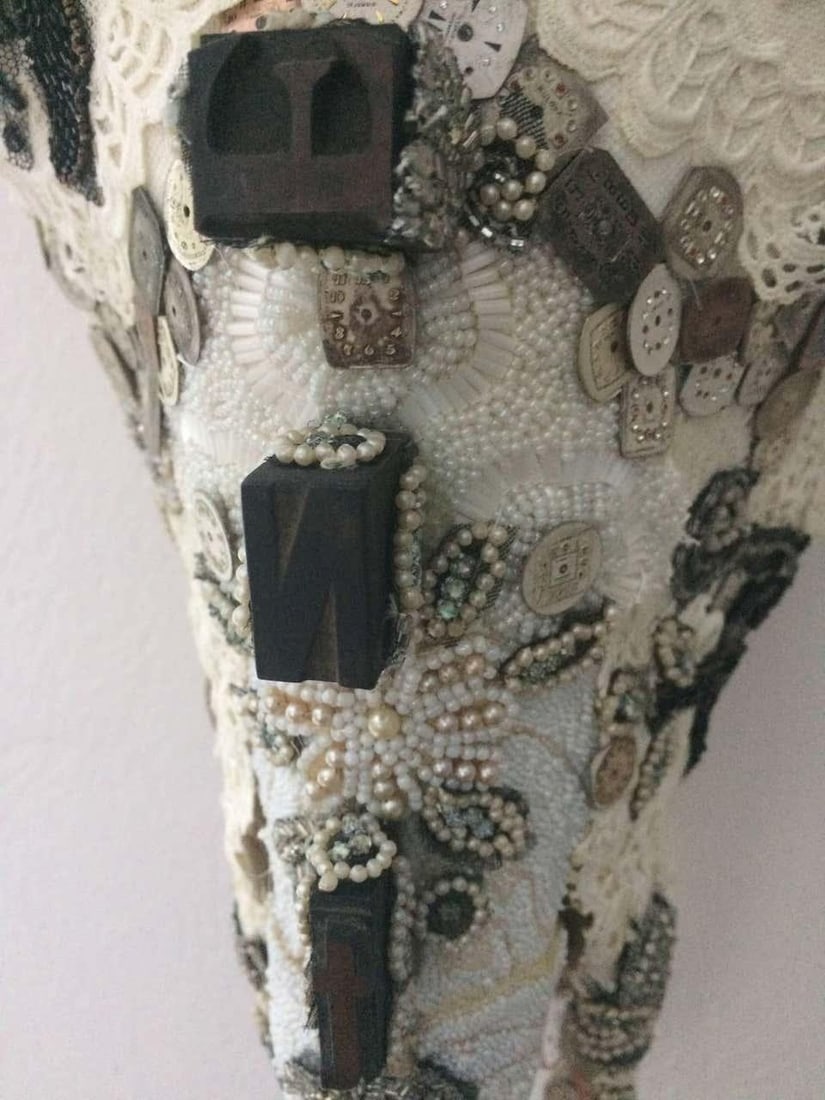 Large Mixed Media Skull Sculpture With Lace and Pearls - 12