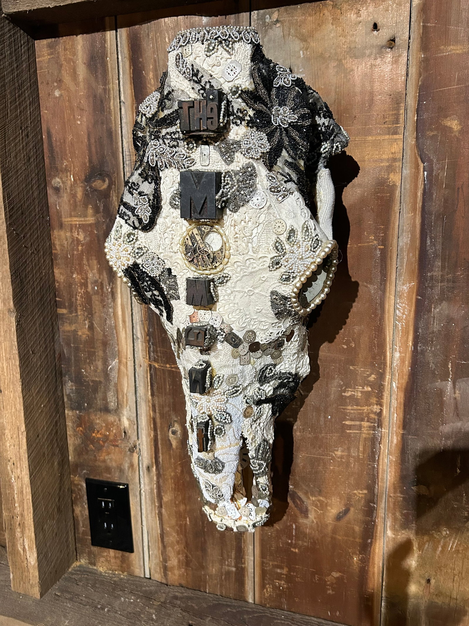 Large Mixed Media Skull Sculpture With Lace and Pearls - 2
