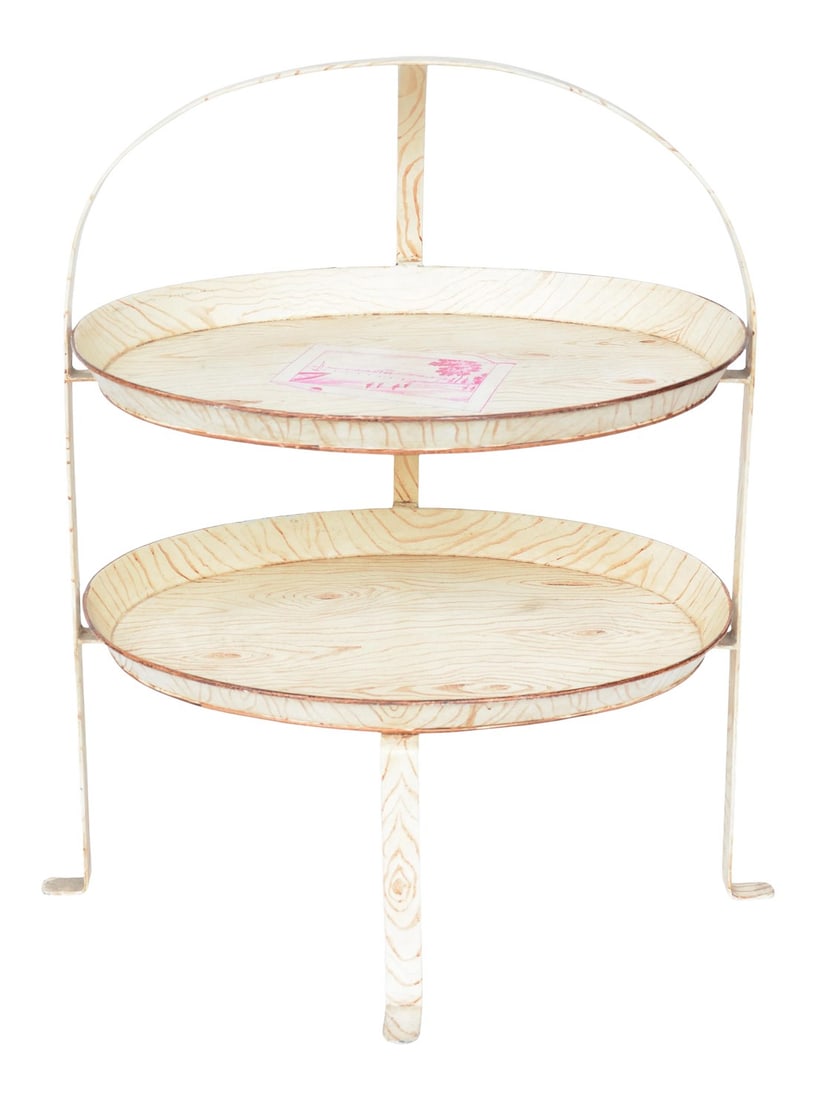 1980s Faux Wood Painted Two-Tier Tole Tray: There is a hand-painted red British landscape pattern Troup Loil style on the faux wood painted two tiers tole tray.. size:19" * 14" * 26" Condition: Alterations: Original Condition Unaltered